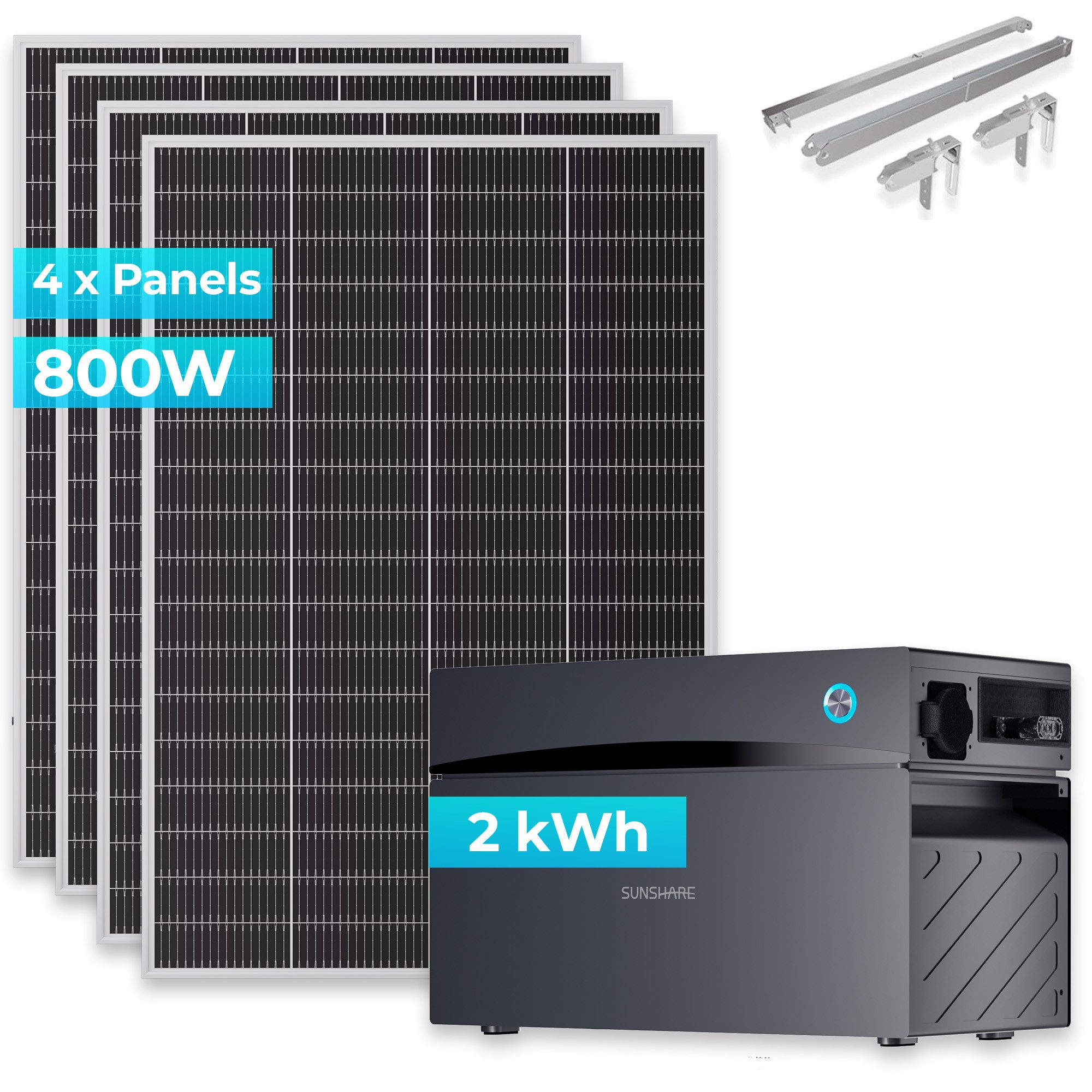 Sunshare Balkonkraftwerk Ray Lite 800W + Glory 2 kWh Speicher & Halterung, 200 W, Monokristallin N‑Typ TOPCon, (Komplettset, 4 Solarmodulen, 4 Universal-Balkonhalterungen, 1 Glory), Mit Smart-BMS, IP65-Schutz und App-Überwachung des Solarstroms.