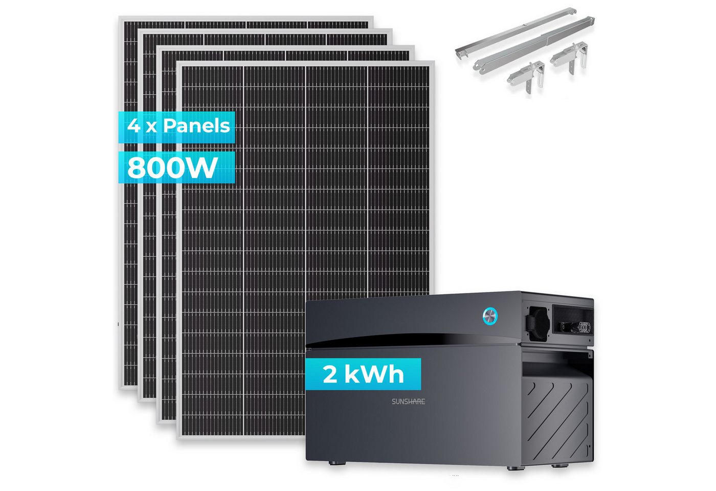 Sunshare Balkonkraftwerk Ray Lite 800W + Glory 2 kWh Speicher & Halterung, 200 W, Monokristallin N‑Typ TOPCon, (Komplettset, 4 Solarmodulen, 4 Universal-Balkonhalterungen, 1 Glory), Mit Smart-BMS, IP65-Schutz und App-Überwachung des Solarstroms.