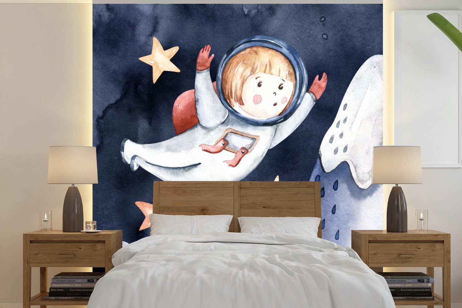 MuchoWow Fototapete Weltraum - Berg - Sterne - Junge - Mädchen - Kinder, Matt, bedruckt, (5 St), Vinyl Tapete für Wohnzimmer oder Schlafzimmer, Wandtapete