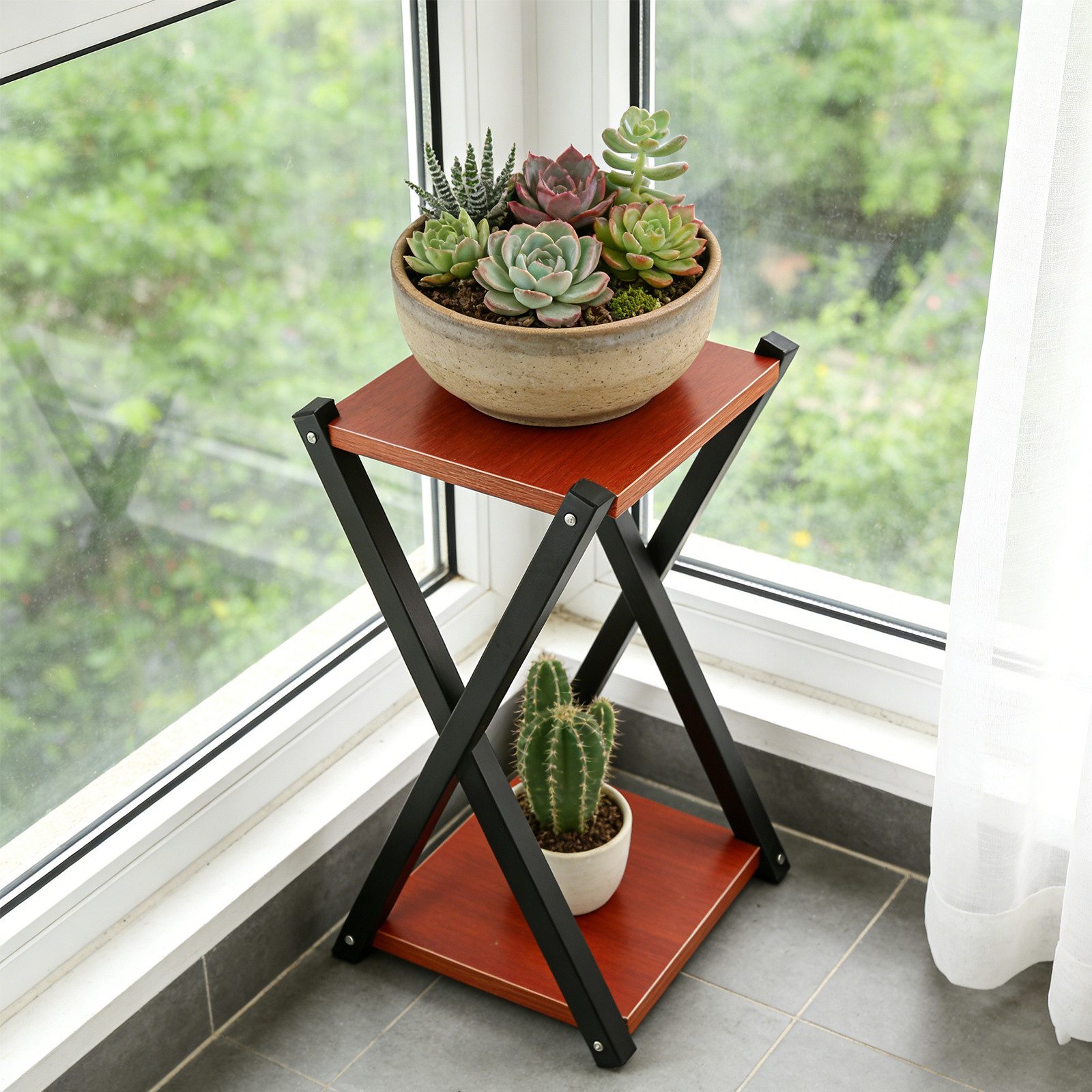 BlingBin Blumenhocker Zweistöckiger Pflanzenständer mit Metallgestell und MDF-Ebenen (1 Stück, 1 St., ca. 57 x 30 x 30 cm), dekorative Blumenablage für Wohnzimmer, Balkon und Garten
