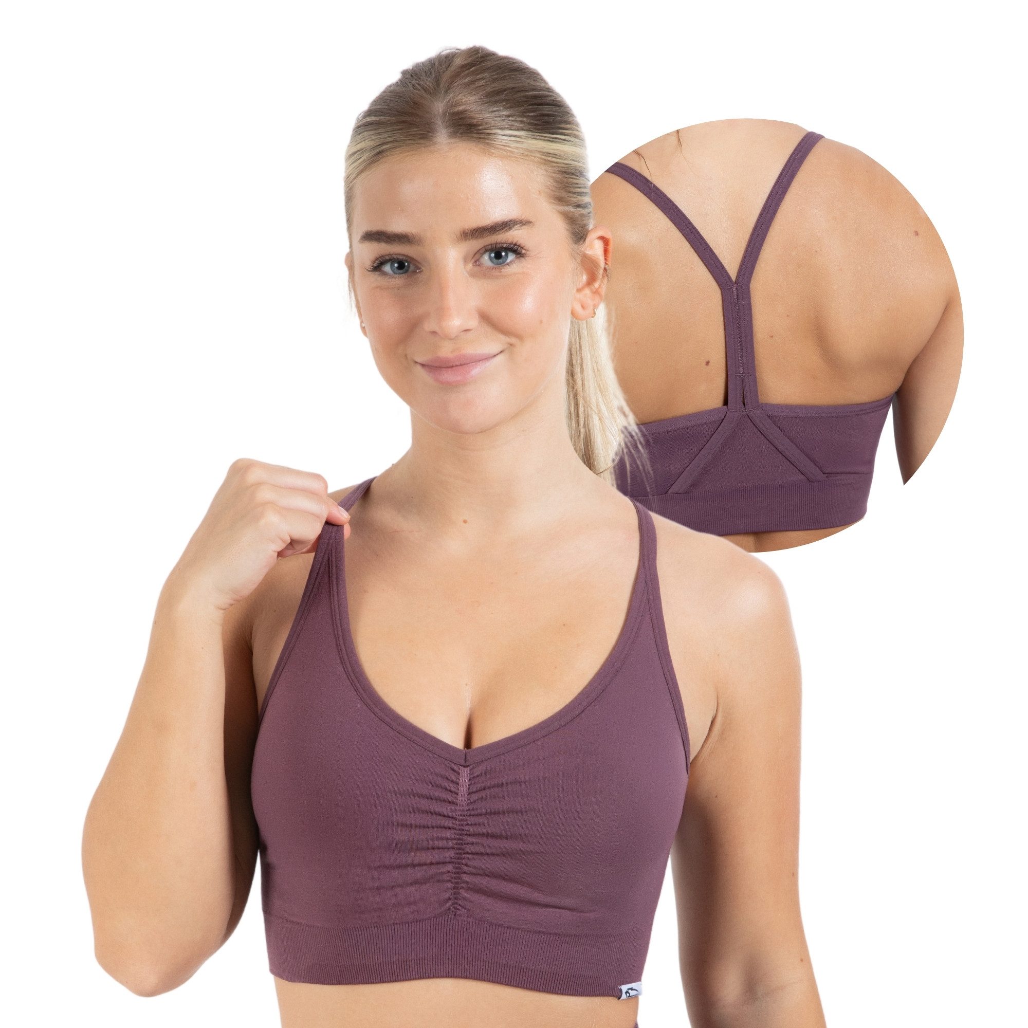 Smilodox Sport-BH Solid Scrunch, Ohne Bügel BH, Shaped Fit Yoga Bra, V-Ausschnitt Herausnehmbare Cups, Blickdichter Push Up BH, Verstellbare Träger