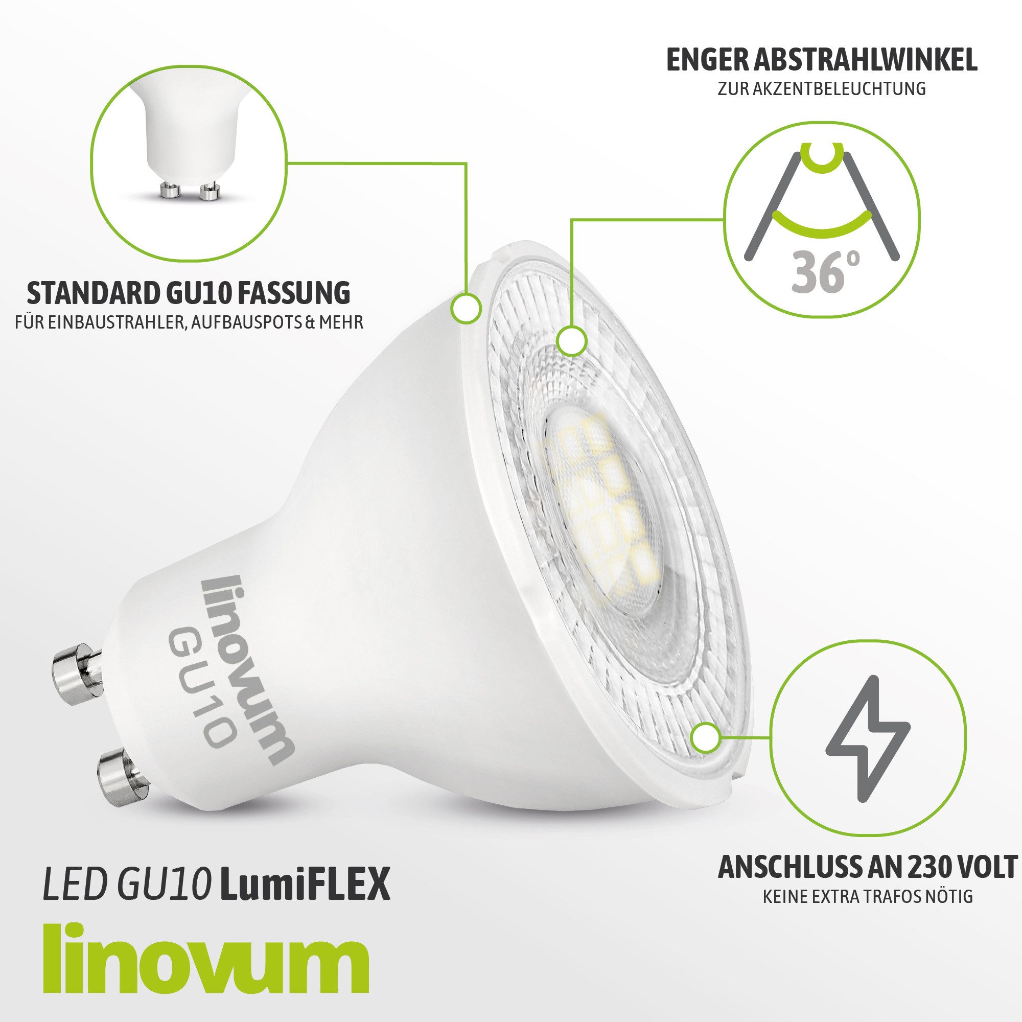 linovum LED-Leuchtmittel linovum LED GU10 Strahler LumiFLEX 3W einstellbare Lichtfarbe 3CCT, GU10, Neutralweiß, Warmweiß, Tageslichtweiß