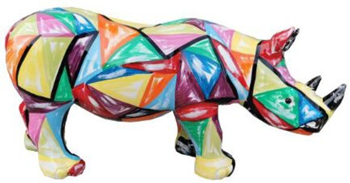 Skulptur Designer Dekofigur Nashorn Mehrfarbig 75 x H. 35 cm - Wohnzimmer Deko Skulptur - Gartendeko Skulptur - Wetterbeständige Tierfigur