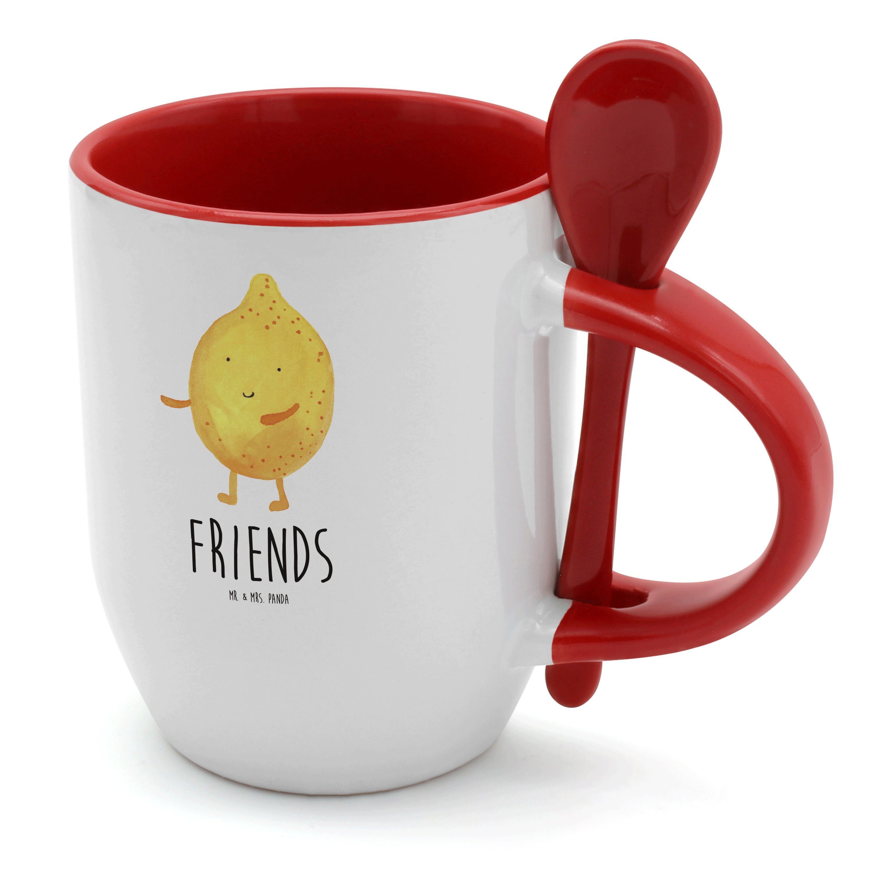 Mr. & Mrs. Panda Tasse BestFriends-Lemon - Weiß - Geschenk, Kaffeebecher, Tasse mit Löffel, Keramik