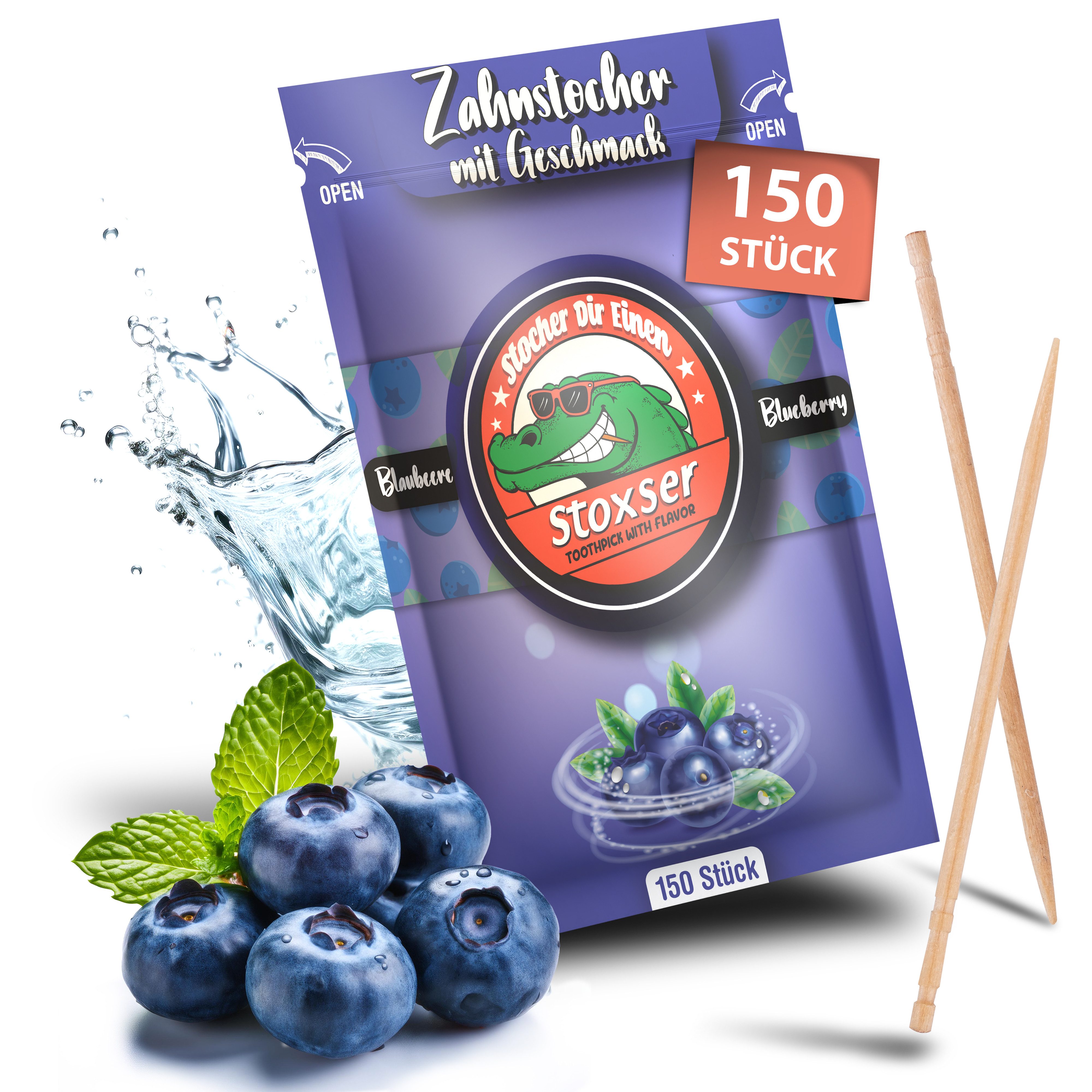 Stoxser Mundpflegecenter Stoxser 150 x Zahnstocher mit Geschmack Blaubeere Geschmacksrevolution, 150 x Zahnstocher mit Geschmack Blaubeere, Kein Kaugummi Unterstützend zu Zahnpasta Zahnseide Zuckerfrei