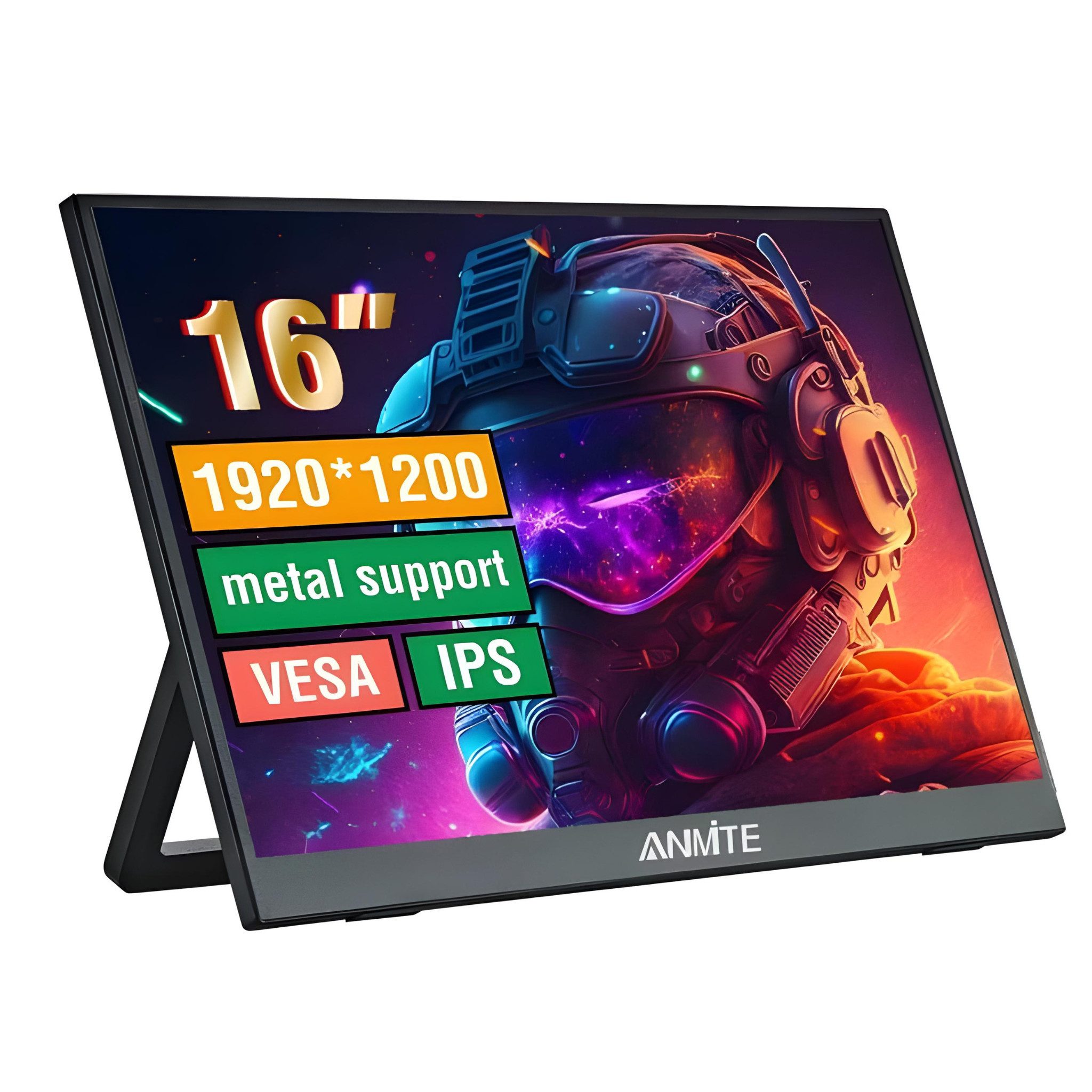 ANMITE 16 Zoll Tragbarer Monitor Full HD (Touch) USB-C HDMI 1920x1200 HDR Portabler Monitor (1920x1080 px, Full HD, 60 Hz, IPS, mit integriertem Ständer & wahlweise Touch-Display)