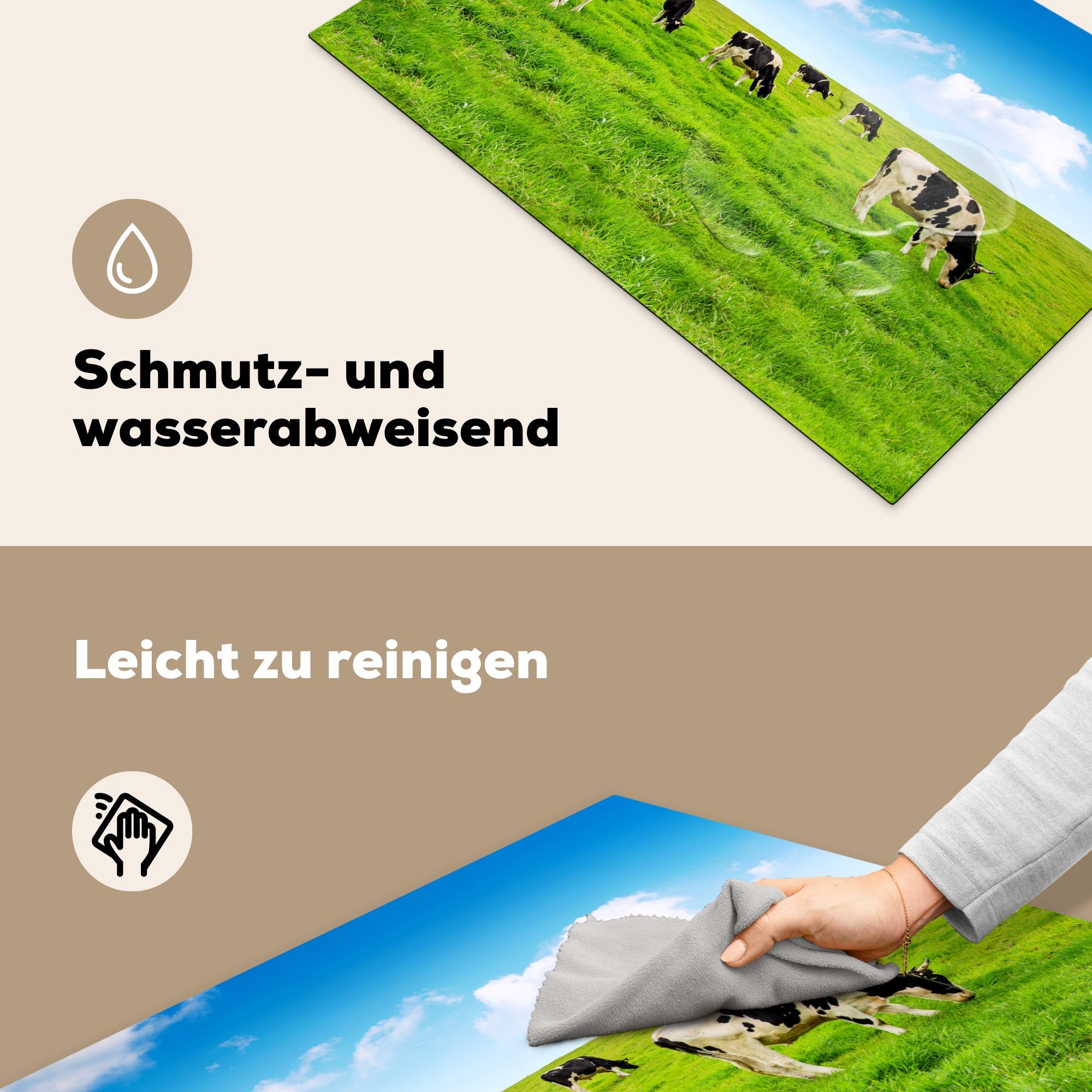 MuchoWow Herdblende-/Abdeckplatte Kuh Himmel, Schutz Induktionskochfeld (1 die Vinyl, küche, für 81x52 tlg), cm, - Ceranfeldabdeckung - Gras