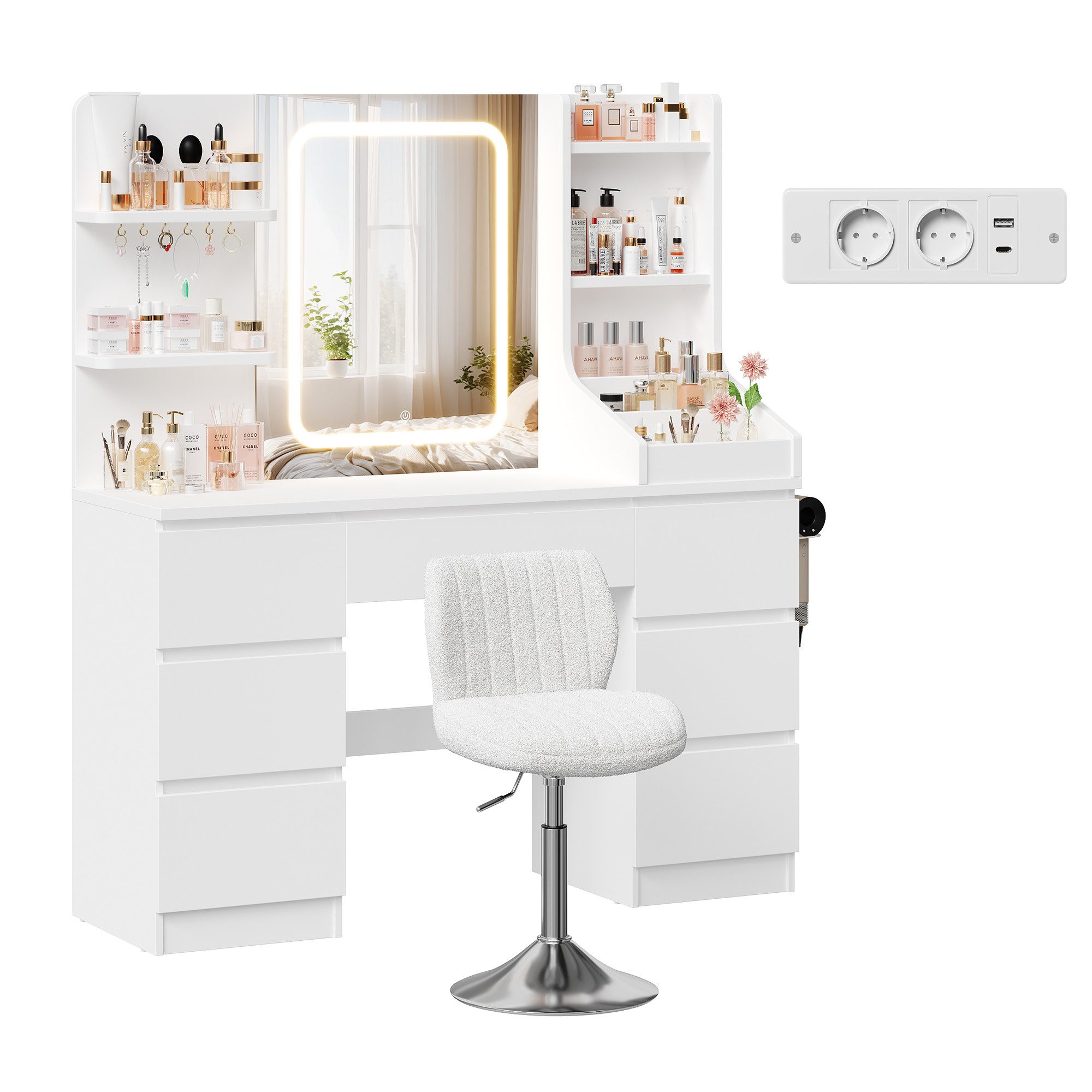 HOMALL Schminktisch Spiegel mit LED-Beleuchtung, 7 Schubladen (Maße: 110 × 40 × 139 cm, drei einstellbare Farbtemperaturen, mit 8 offenen Ablagefächern, 6 Schmu – Bild 2 von 5