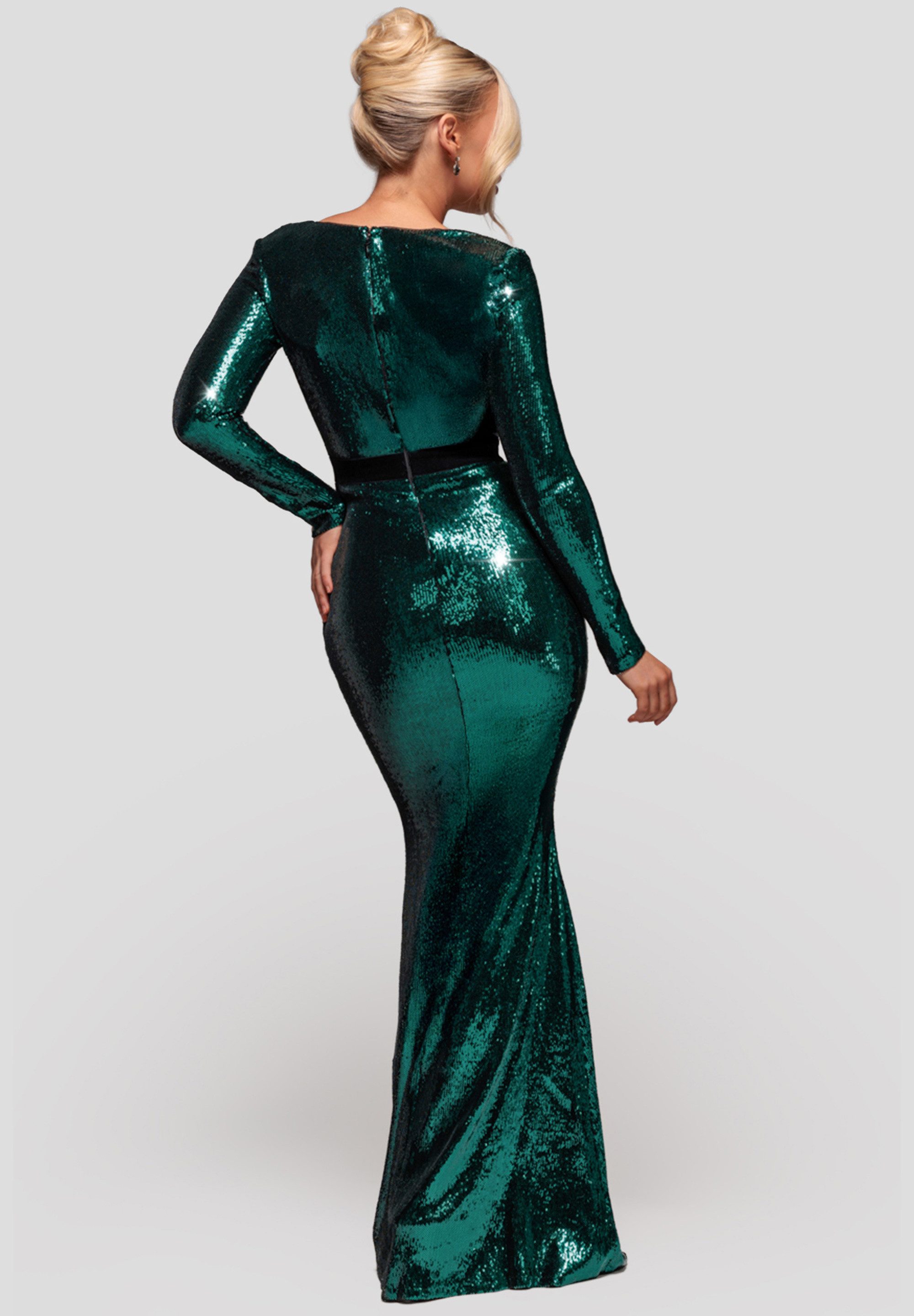 Goddiva Maxikleid Liquid Sequin Corsage Maxi knielang, V-Ausschnitt, lange Ärmel