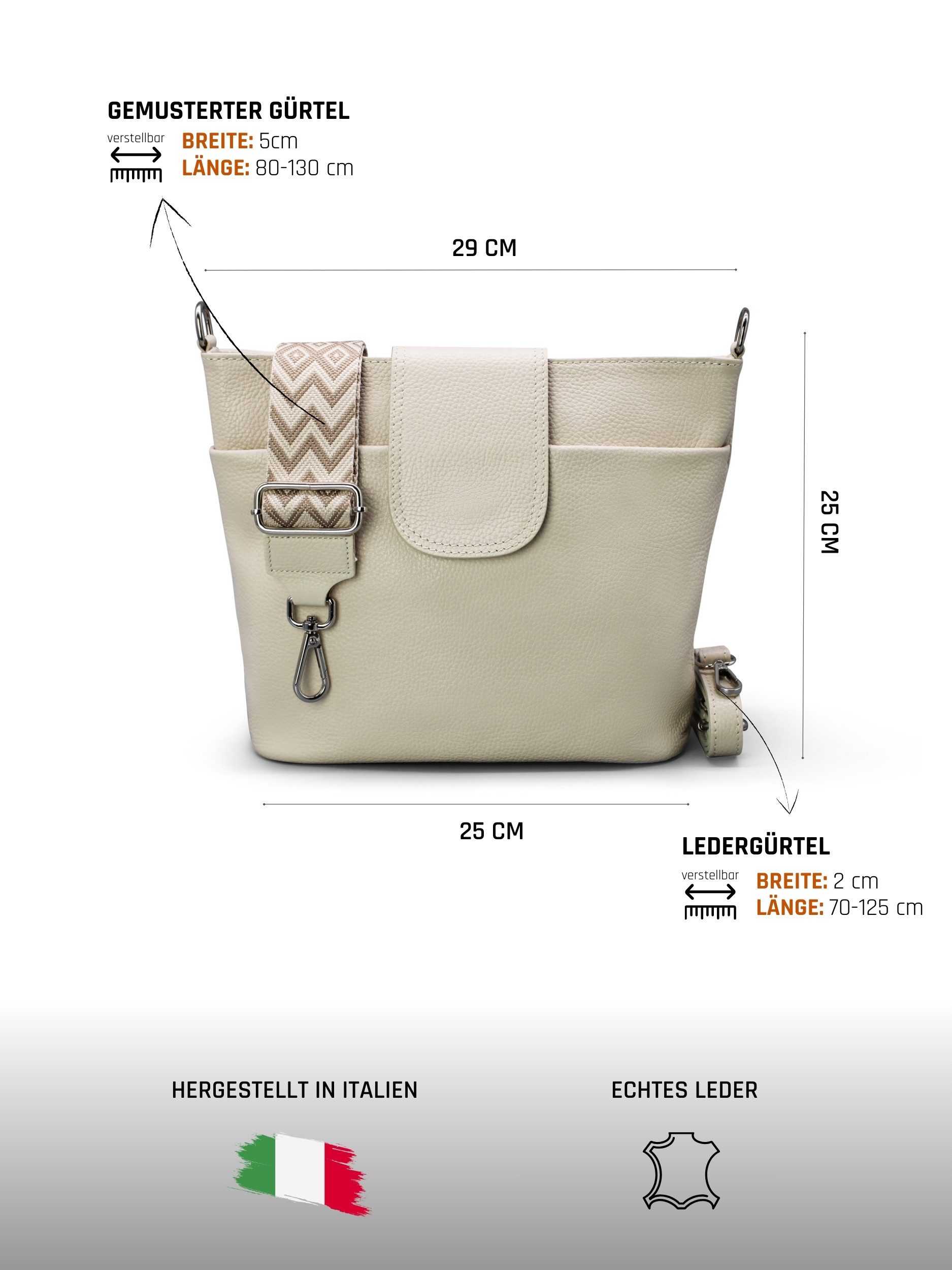 Adel Bags Schultertasche SARA Umhängetasche für Damen, Schultertasche aus Echtleder, 20 Farboptionen, Hergestellt in Italien, mit 2 Riemen