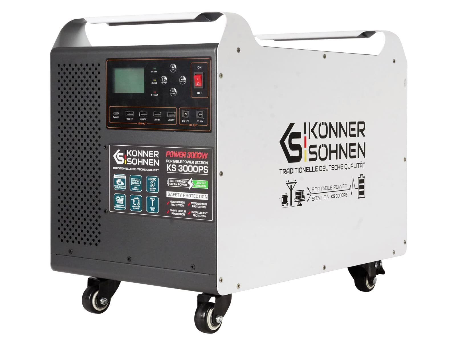 Könner & Söhnen Stromerzeuger KS 3000PS, (mit eingebauter LiFePO4-Akkubatterie, Nennleistung 3000 Watt, 1-tlg), Wirkungsgrad 90%, maximaler Strom 60 A, LCD-Display, Schutzklasse IP20