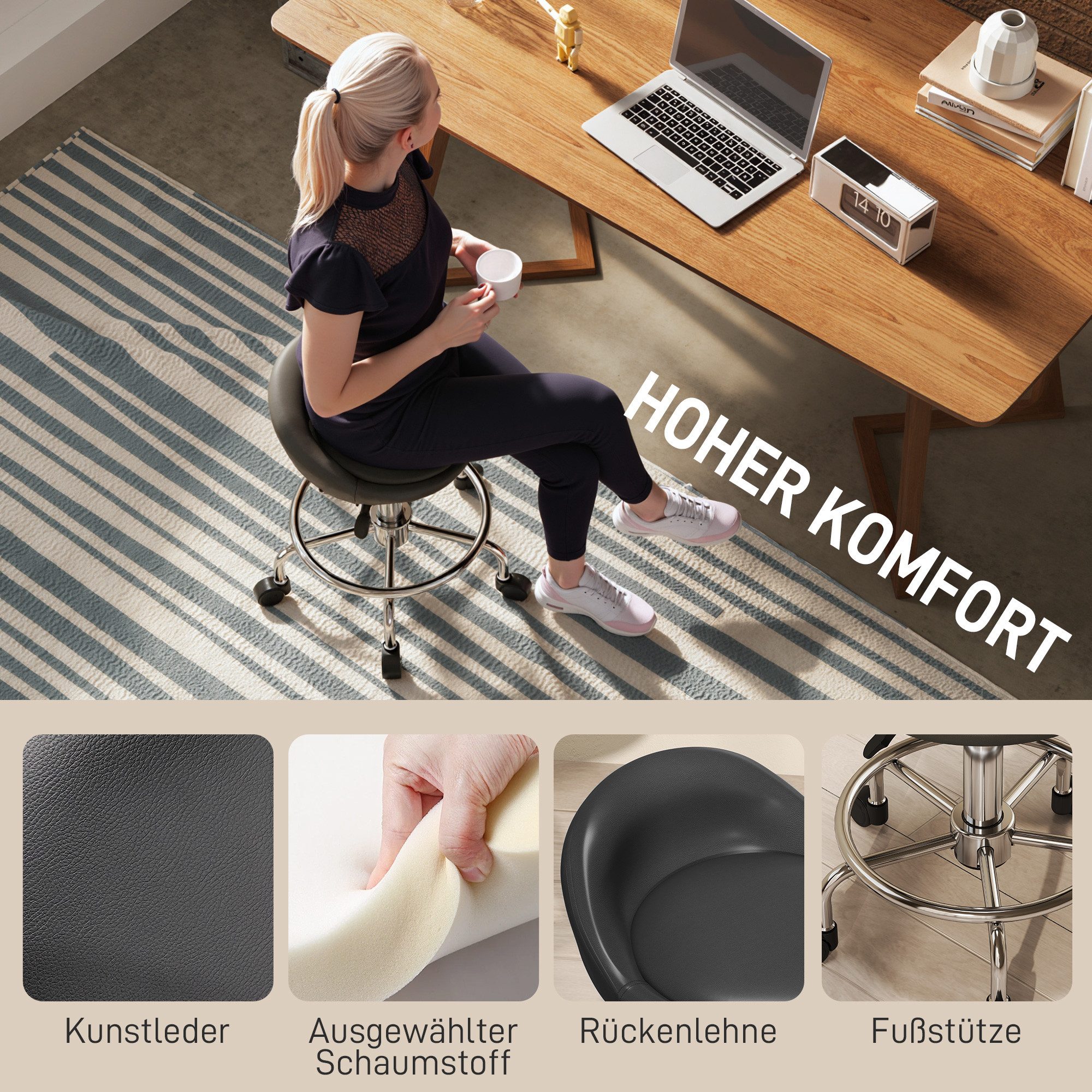 HOMCOM Drehhocker Hocker mit Rückenlehne 59-75 cm Bürohocker mit Fußstütze (höhenverstellbar Rollhocker, 1 St., 360° drehbar Arbeitshocker), für Büro, Salon, Ma – Bild 5 von 5