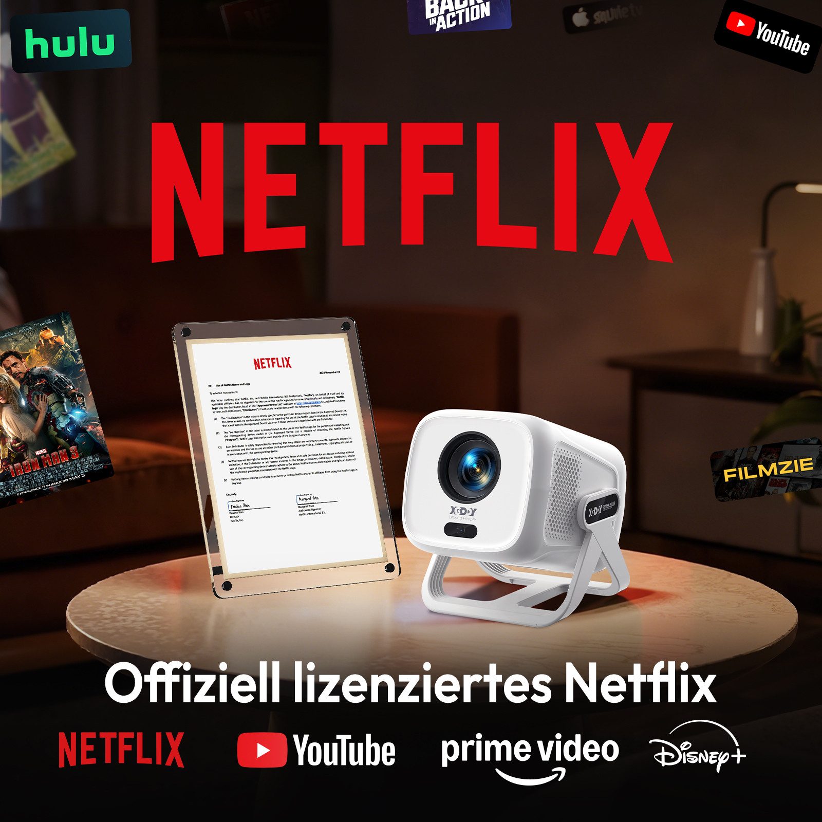 XGODY Native 1080P Mini Beamer 4K heimkino Mit Netflix Zertifizierung LCD-Beamer (20000 lm, 20000:1, 3840 x 2160 px, freestyle beamer mit AutoFokus/beamer ständer/Sprachsteuerung)