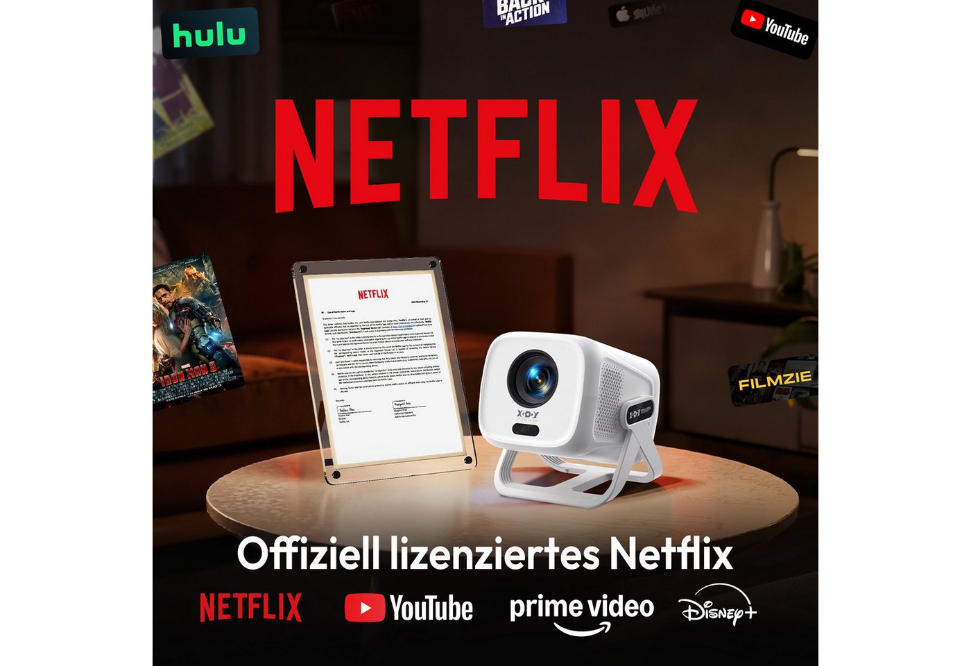 XGODY Native 1080p Projektor 4K Mit Netflix Zertifizierung(AutoFokus) Mini Beamer (450 lm, 1500:1, 3840 x 2160, 1920x1080 px, mit Automatische Trapezkorrektur, WiFi 6+BT 5.4, Sprachsteuerung) weiß
