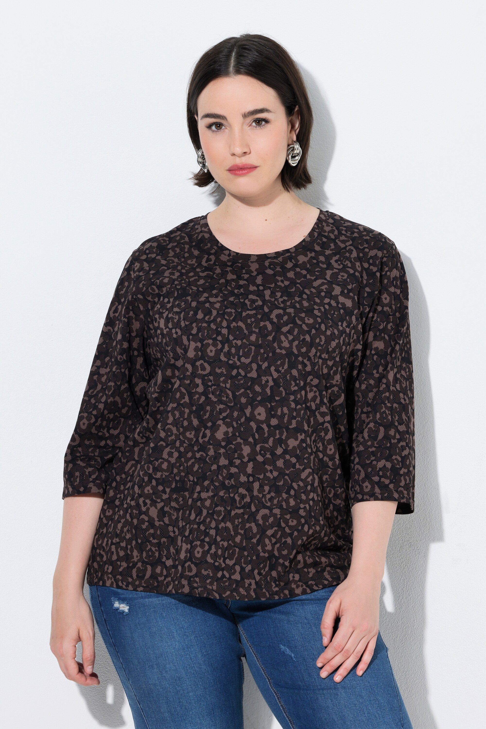 Ulla Popken T-Shirt Shirt Leomuster Rundhalsausschnitt 3/4-Arm