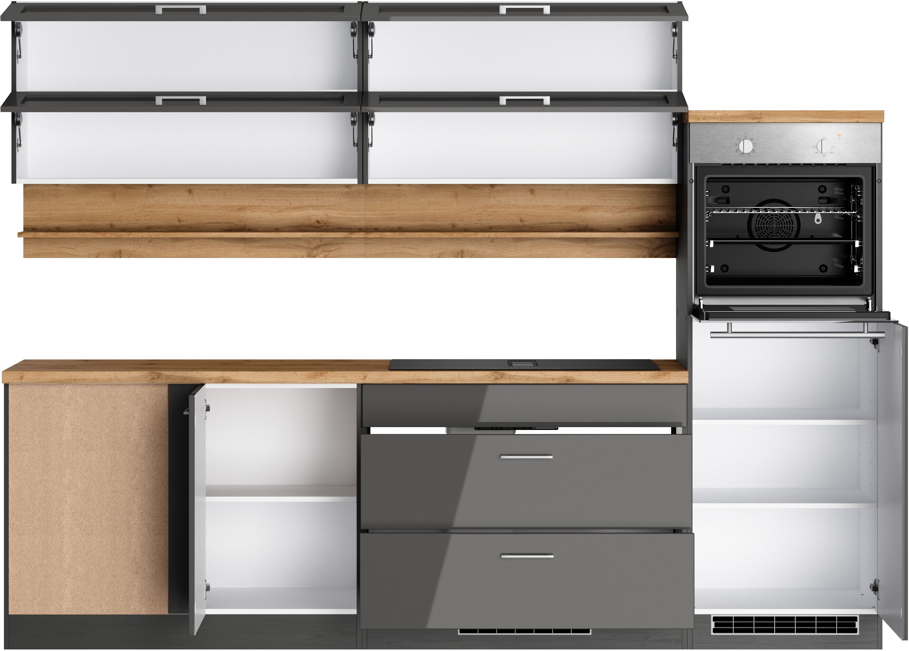 KOCHSTATION Winkelküche KS-Milan, optional mit Muldenlüfter, Stellbr.270/220 cm, wahlweise mit E-Geräten, Kochfeld mit Dunstabzug
