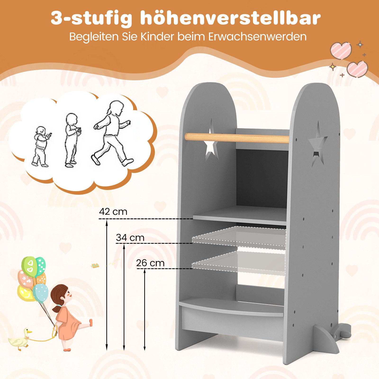 COSTWAY Tritthocker, 3 in 1 mit doppelseitiger Tafel, 3 fach höhenverstellbar