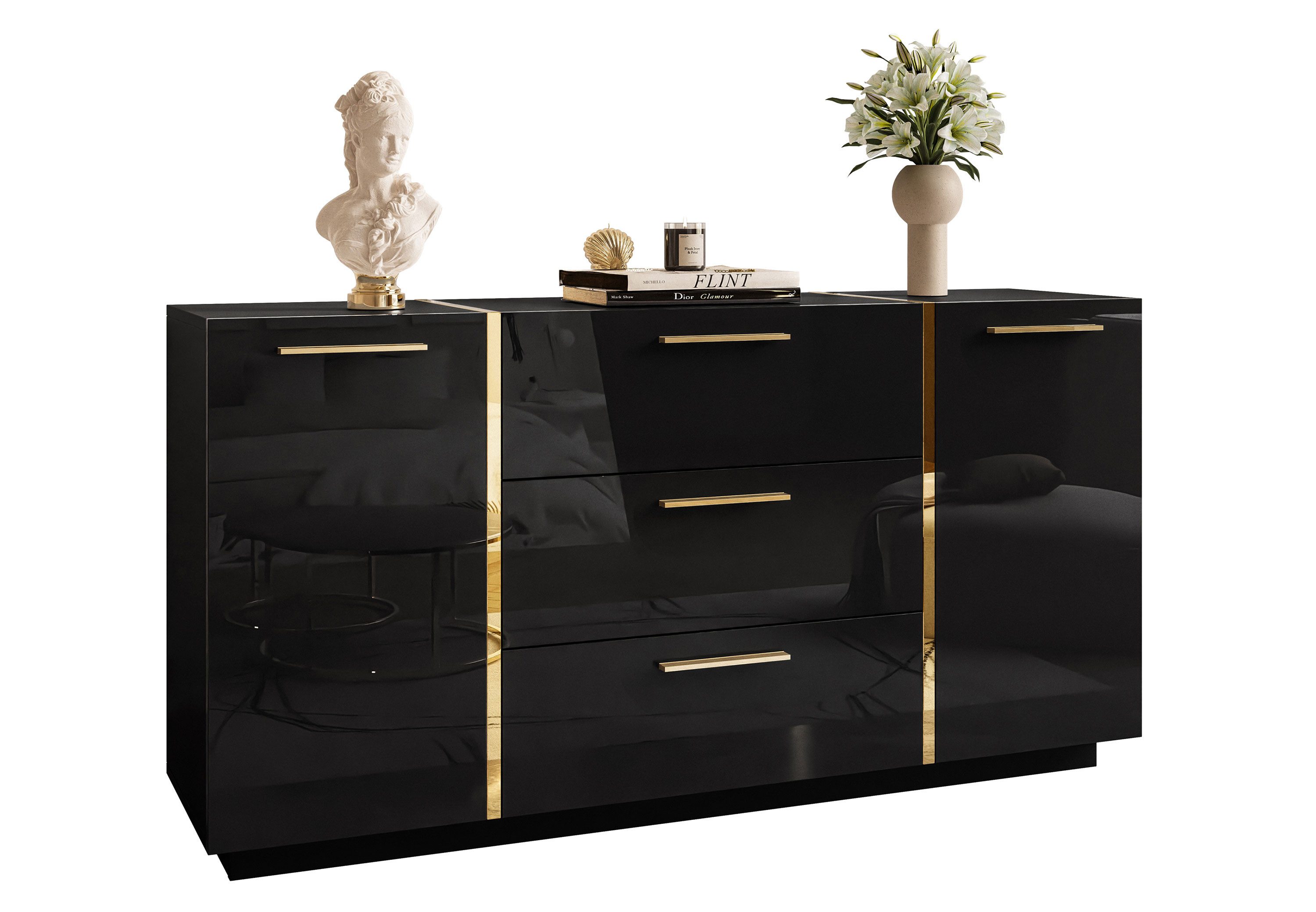 Lookway Kommode ONYX Hochglanz mit Goldgriffe, 158x41,3x81 cm