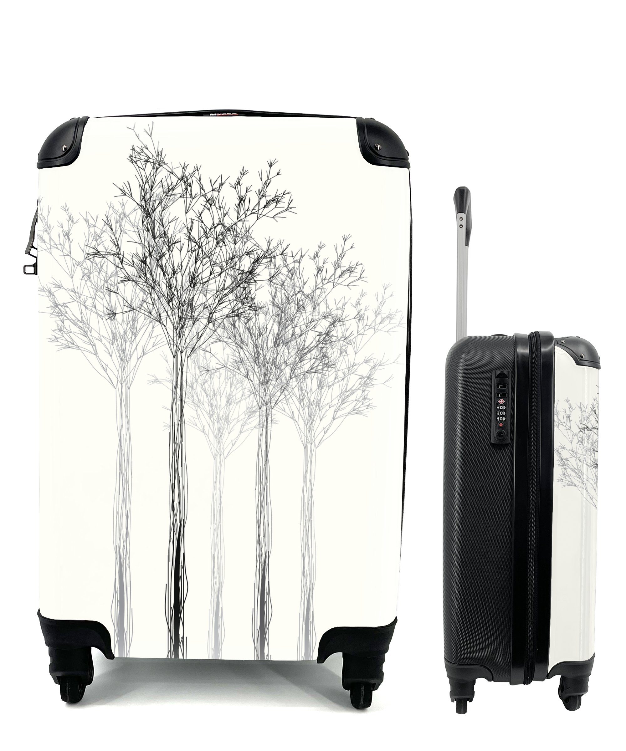MuchoWow Handgepäckkoffer Eine Schwarz-Weiß-Illustration einer Baumreihe, 4 Rollen, Reisetasche mit rollen, Handgepäck für Ferien, Trolley, Reisekoffer