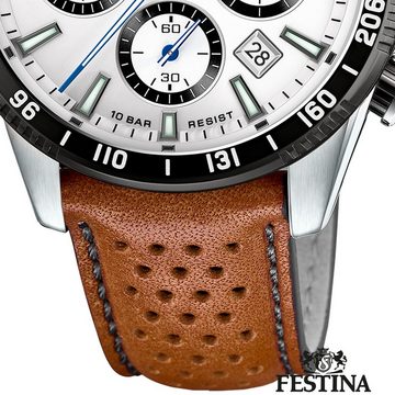 Festina Quarzuhr Festina Herrenuhr Timeless Chronograph, Herren Armbanduhr rund, Lederarmband braun, Elegant