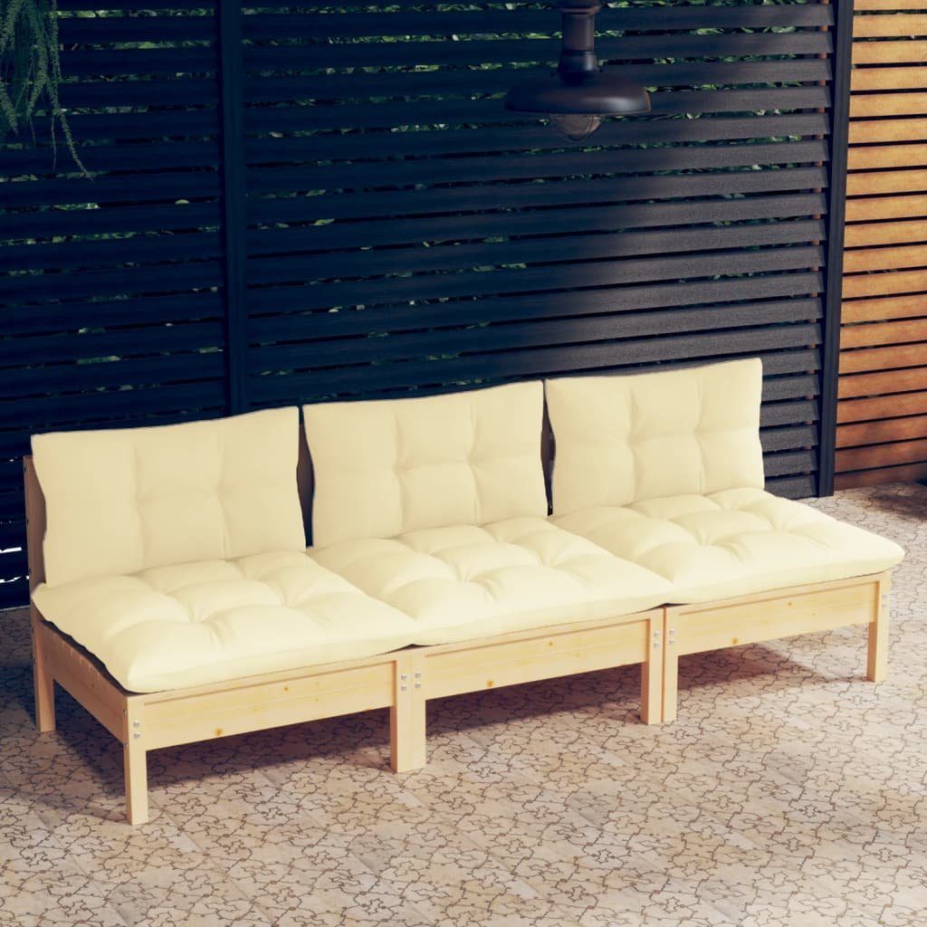 vidaXL Loungesofa 3-Sitzer-Gartensofa mit Creme Kissen Massivholz Kiefer, 1 Teile Braun und Creme