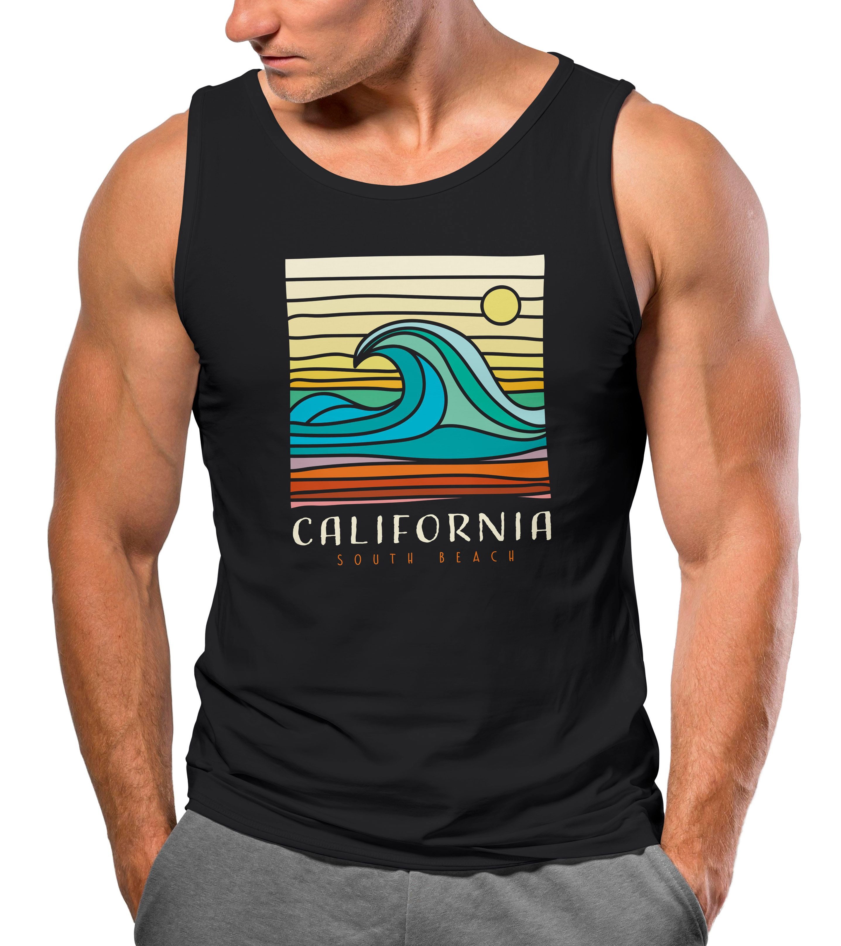 Tanktop Herren Tank-Top California South Beach Welle Wave Surfing Print