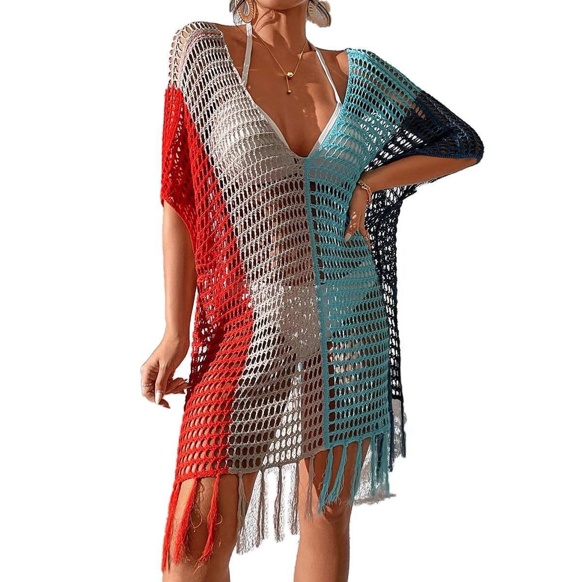 MOPUEA Strandkleid Damen Gestrickte Bikini Cover Up Strandponcho Strandkleid (Set, 1-tlg., Eleganter V-Ausschnitt & bequemer Schnitt) Vielseitig kombinierbar & Einsatzmöglichkeiten