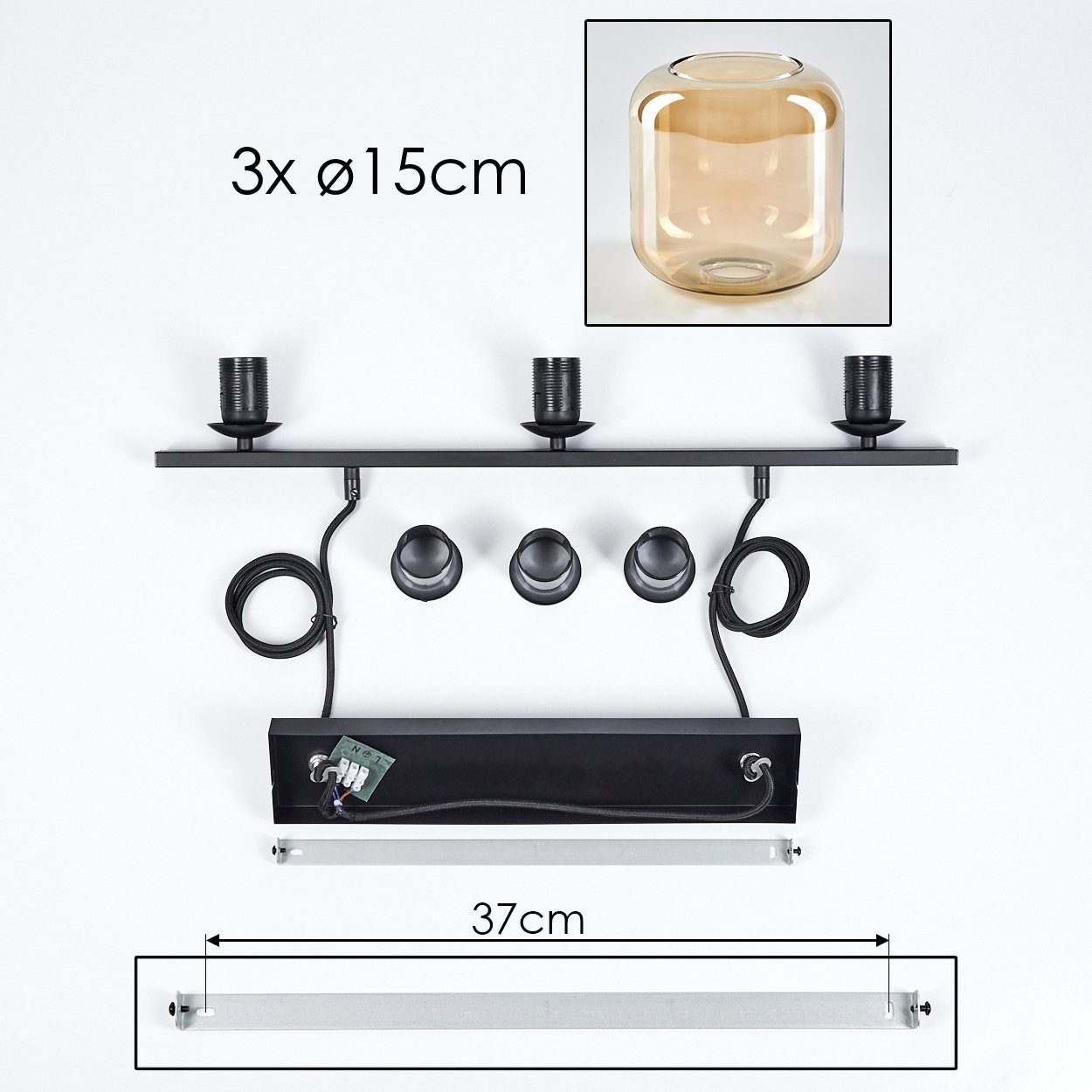 hofstein Pendelleuchte Hängeleuchte aus Metall/Glas in Design, ohne Ø15cm, im Schwarz/Bernsteinfarben, Vintage/Retro Glasschirme Leuchtmittel 3x E27, Leuchtmittel, ohne