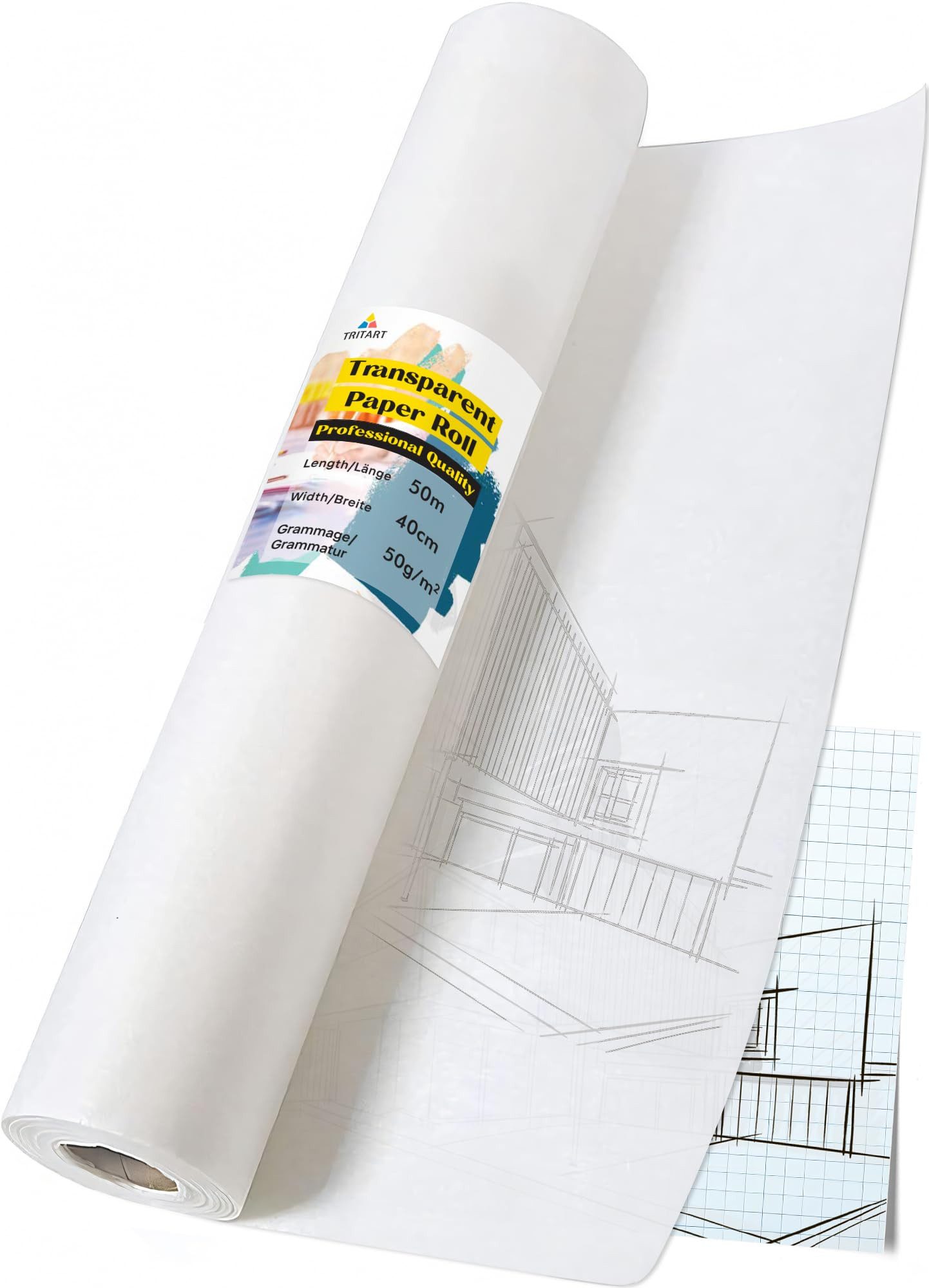 Tritart Transparentpapier Transparentes Papierrolle 40cm x 50m - 50g/m² für kreative Projekte