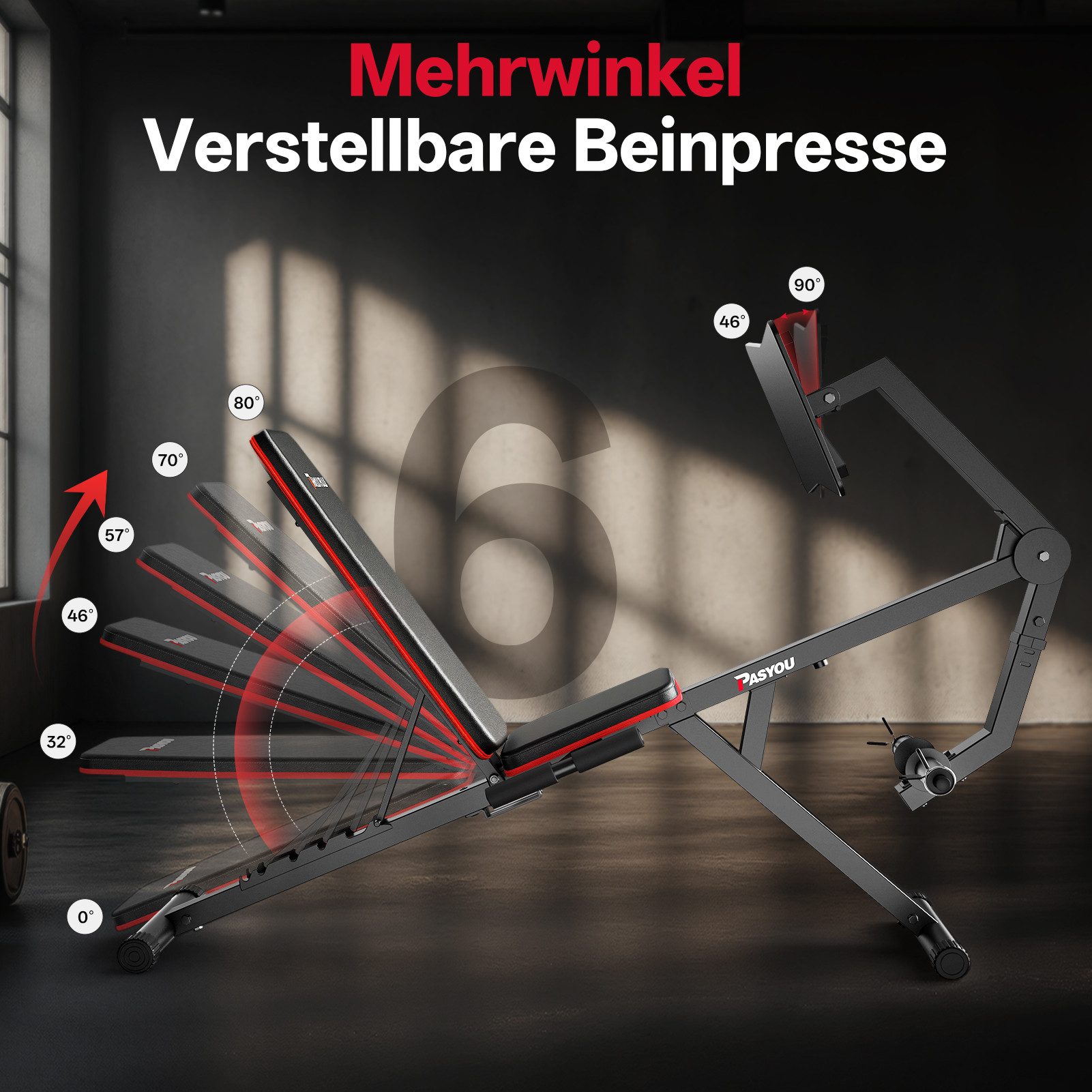 PASYOU Kraftstation Beinpresse mit 6 verstellbaren Rückenlehnen, mit 6-fach verstellbarer Rückenlehne, 100 kg Belastbarkeit