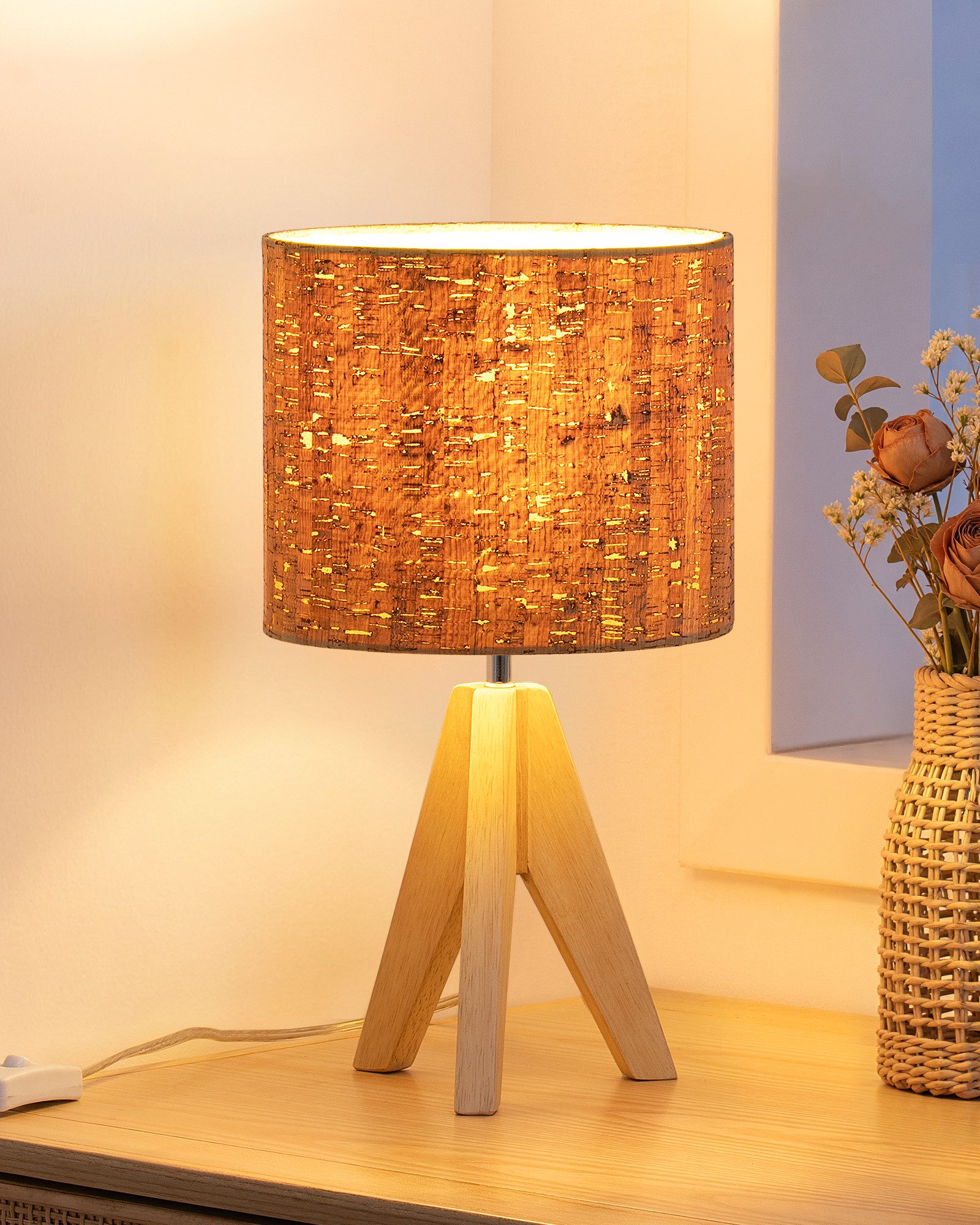 EDISHINE Nachttischlampe Vintage Tischlampe Holz mit Stoffschirm, inkl. Leuchtmittel, LED wechselbar, Warmweiß, Lampenschirm aus Leinen, für Deko, Schlafzimmer, Wohnzimmer