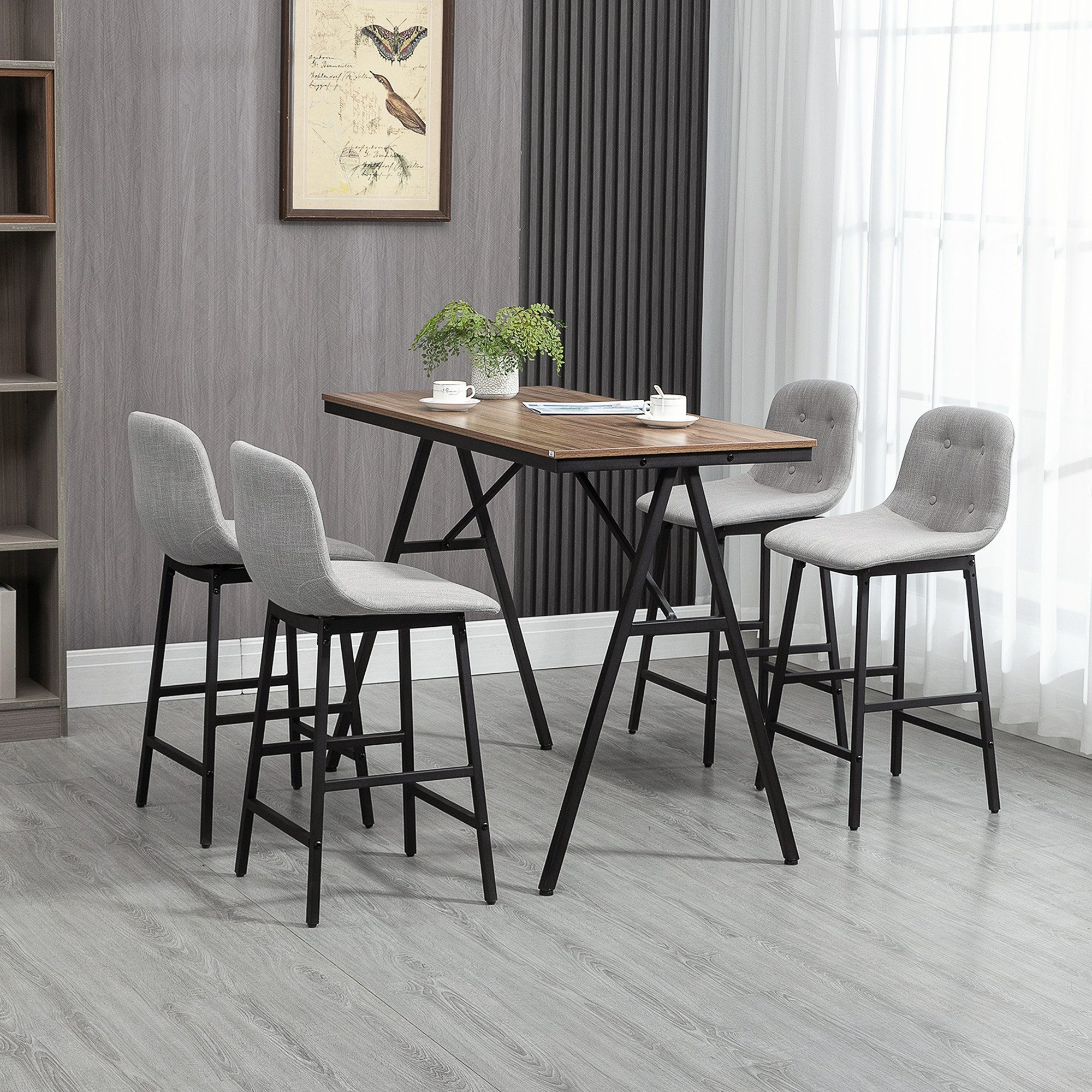 HOMCOM Bargruppe Bartisch mit Barhocker-Set Esstisch mit 4 Stühlen mit Rückenlehne, (Bartisch-Set, 5-tlg., 5-teiliges Bartisch-Set), Hellbraun+Hellgrau+Schwarz