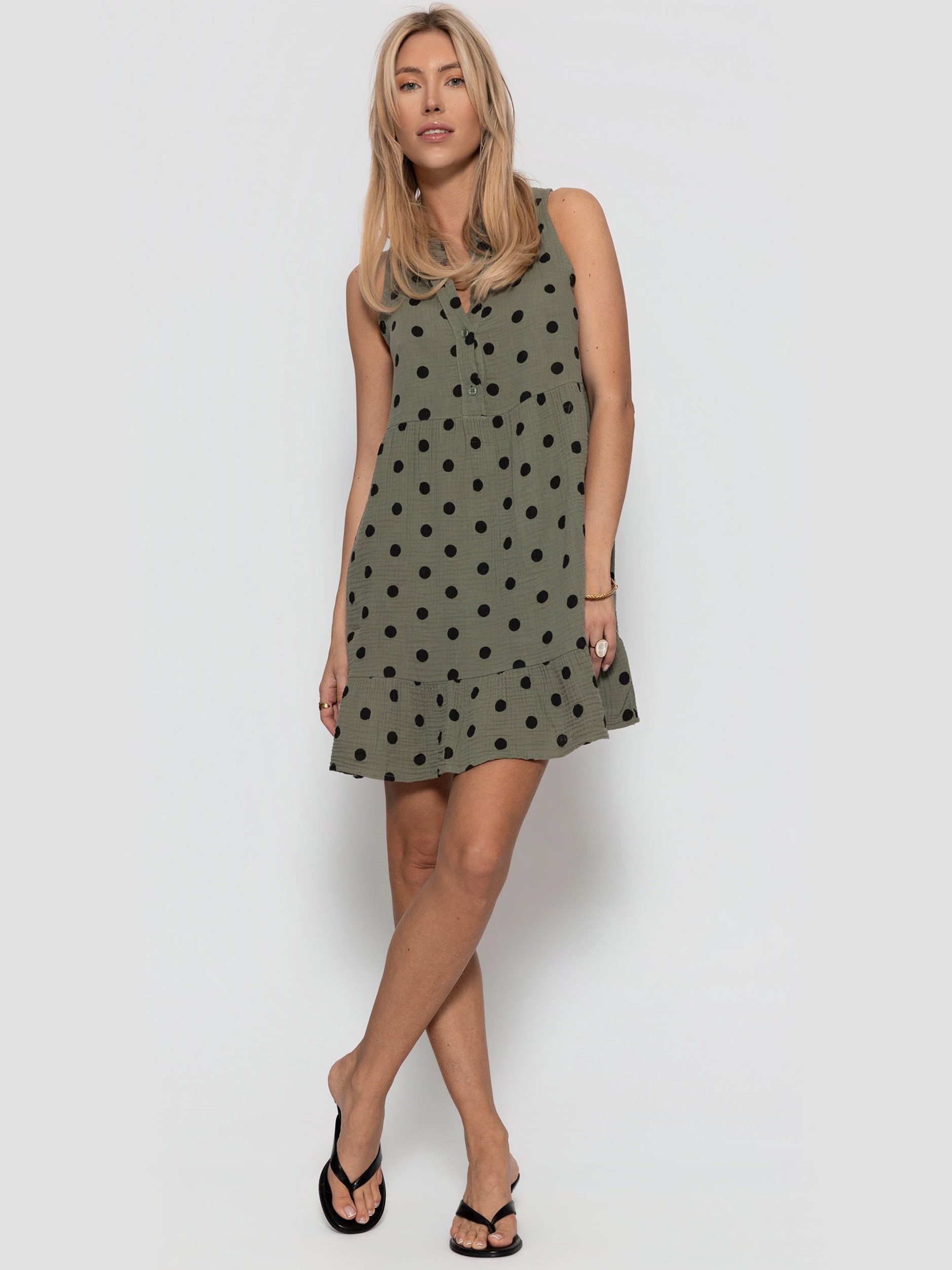 SASSYCLASSY Midikleid Ärmelloses Musselinkleid mit Volants für Damen Luftiges Sommerkleid aus Musselin in Punkte Print mit Stehkragen