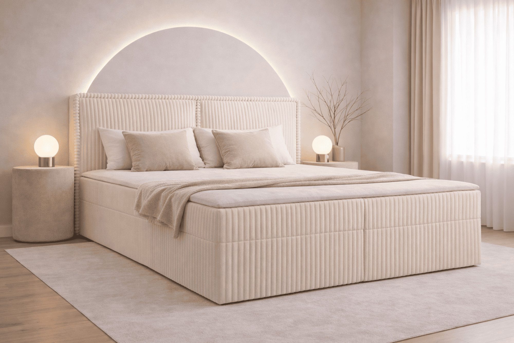MOEBLO Boxbett Bett 04 (Bonnellmatratzen + Topper, Doppelbett gepolstertes Kopfteil Bett mit Bettkasten, aus Cord, Polsterbett Kontinentalbett), (BxHxT):143/163/183x113x214cm