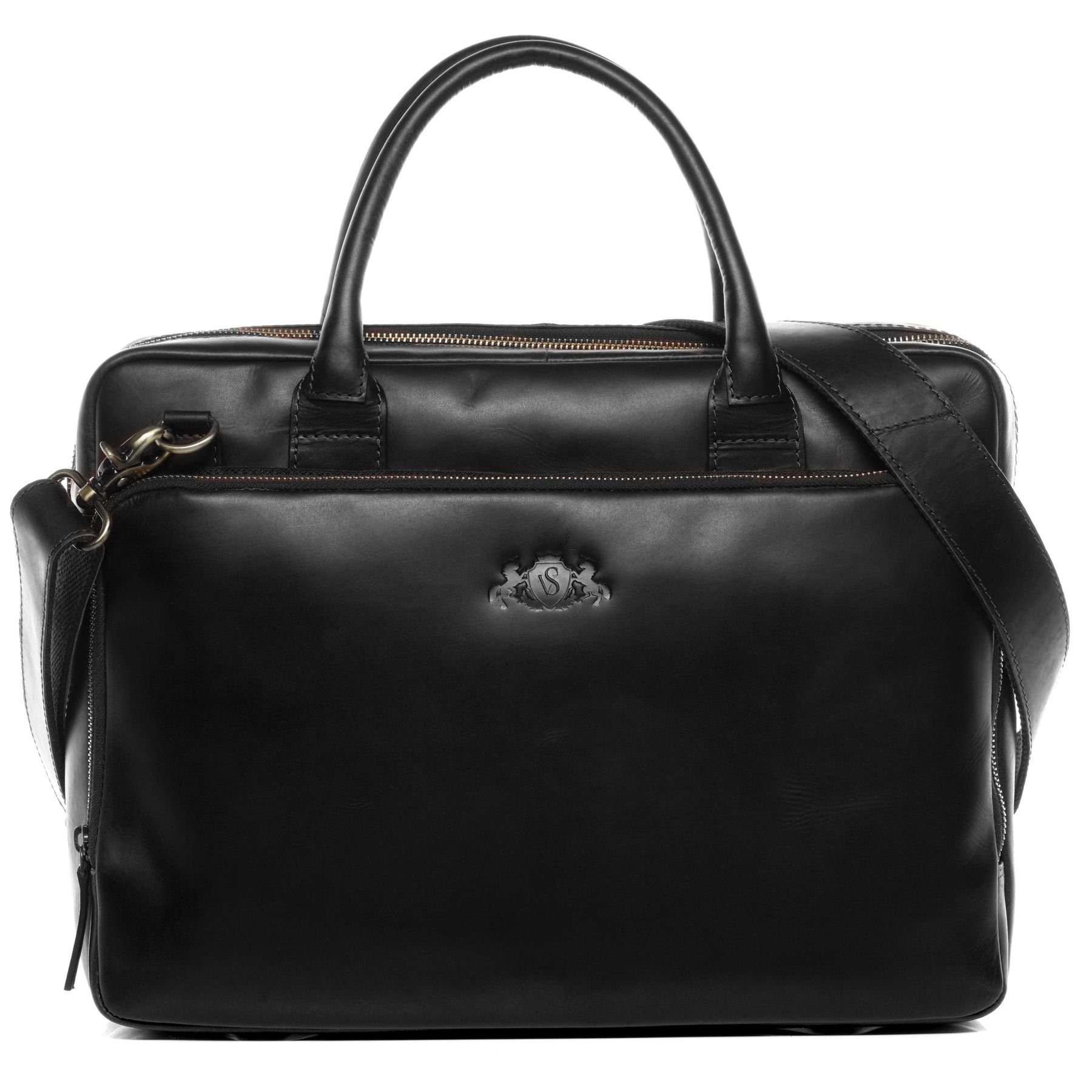 SID & VAIN Laptoptasche Leder Businesstasche Unisex RYAN, Laptoptasche 15,4 Zoll, Aktentasche Echtleder Damen Herren schwarz