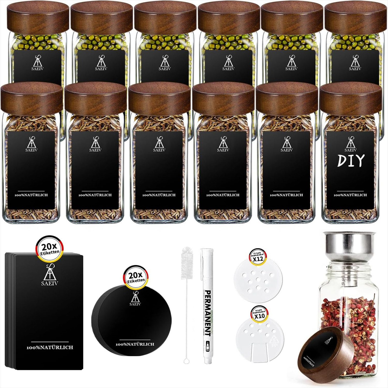KingLux Gewürzbehälter 12Stk.Gewürzdosen Mit Gewürzetiketten,120ml Gewürzbehälter aus Glas, (12-tlg)
