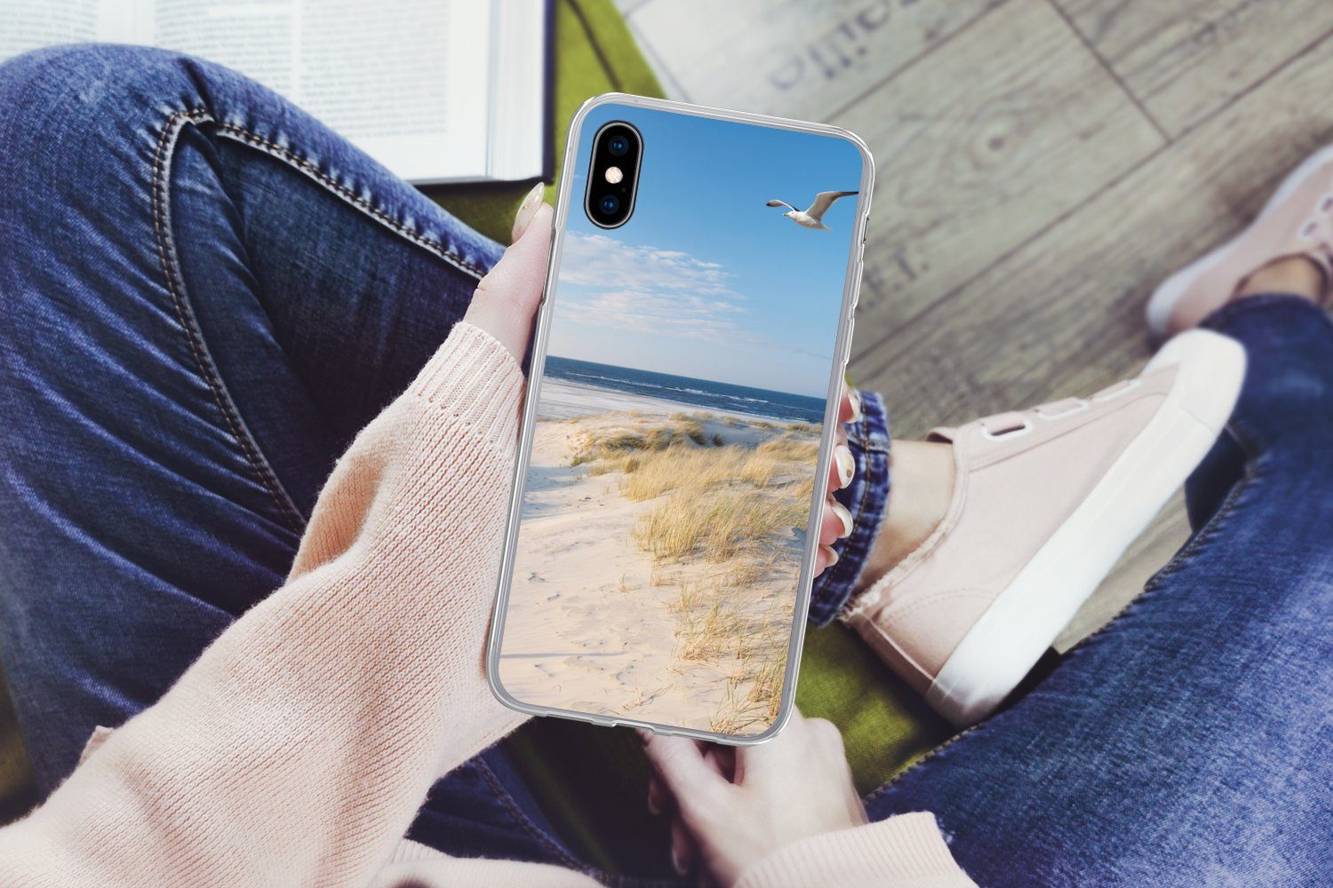 MuchoWow Handyhülle für Apple iPhone XS Düne - Möwe - Strand - Meer - Sonne, Smartphone-Bumper, Print, Handy Schutzhülle Dünn