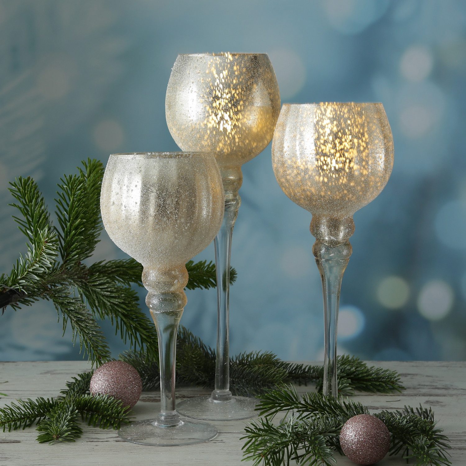MARELIDA Kerzenhalter Kelch Glas Windlicht Teelichthalter glitzernd 3 Höhen gold 3er Set (3 St)