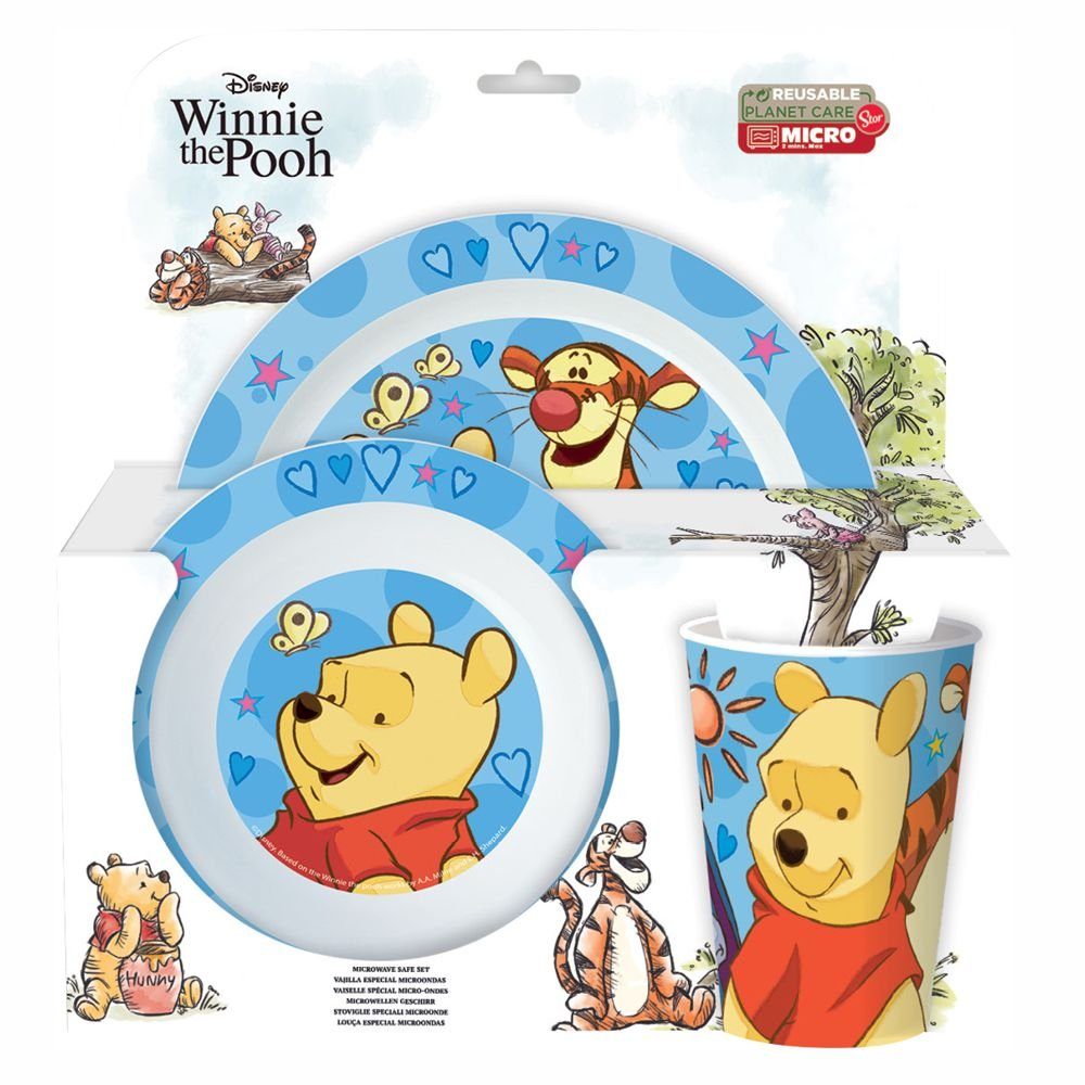 Disney Winnie Puuh Becher, Pooh Winnie Puuh Geschirr-Frühstück-Set Kindergeschirr-Set Teller Kunststoff Schüssel