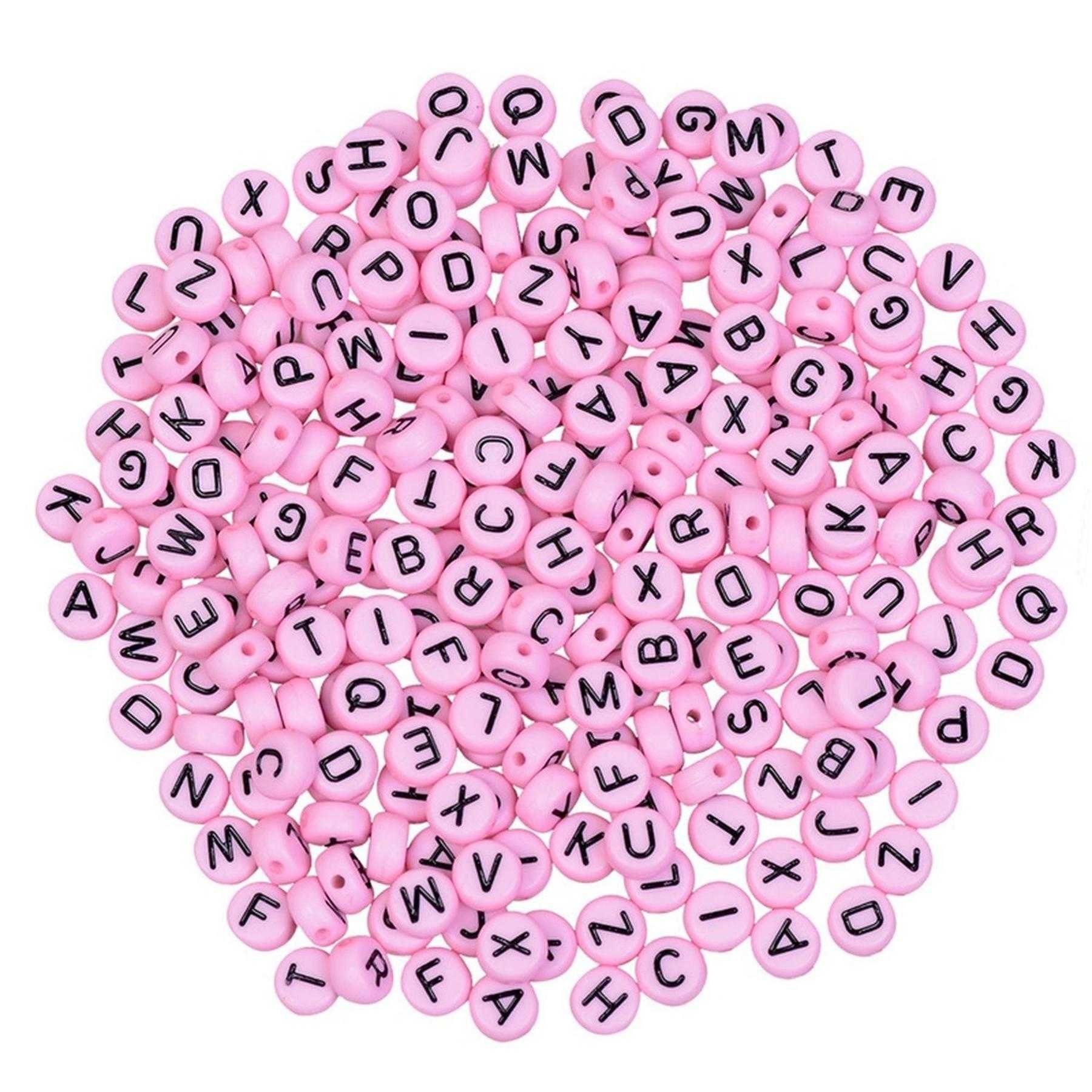 Kopper-24 Bastelperlen Buchstaben Perlen, 250 Stück, 4x7 mm, rosa mit schwarz, rund, Buchstab, (250-tlg)