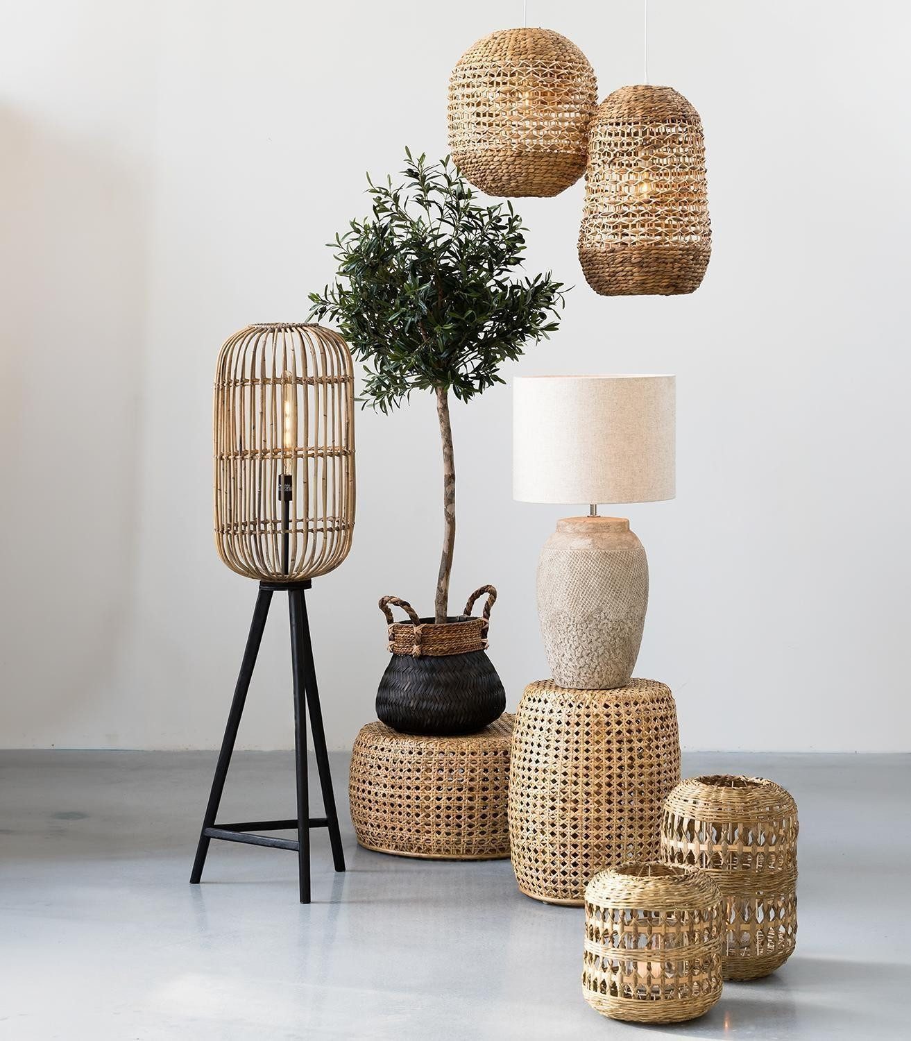 Light & Living Pendelleuchte TRIPOLI, Beige, Weiß, Holz, Rattangeflecht, E27, ohne Leuchtmittel, Ø 37,5 x H 58 cm