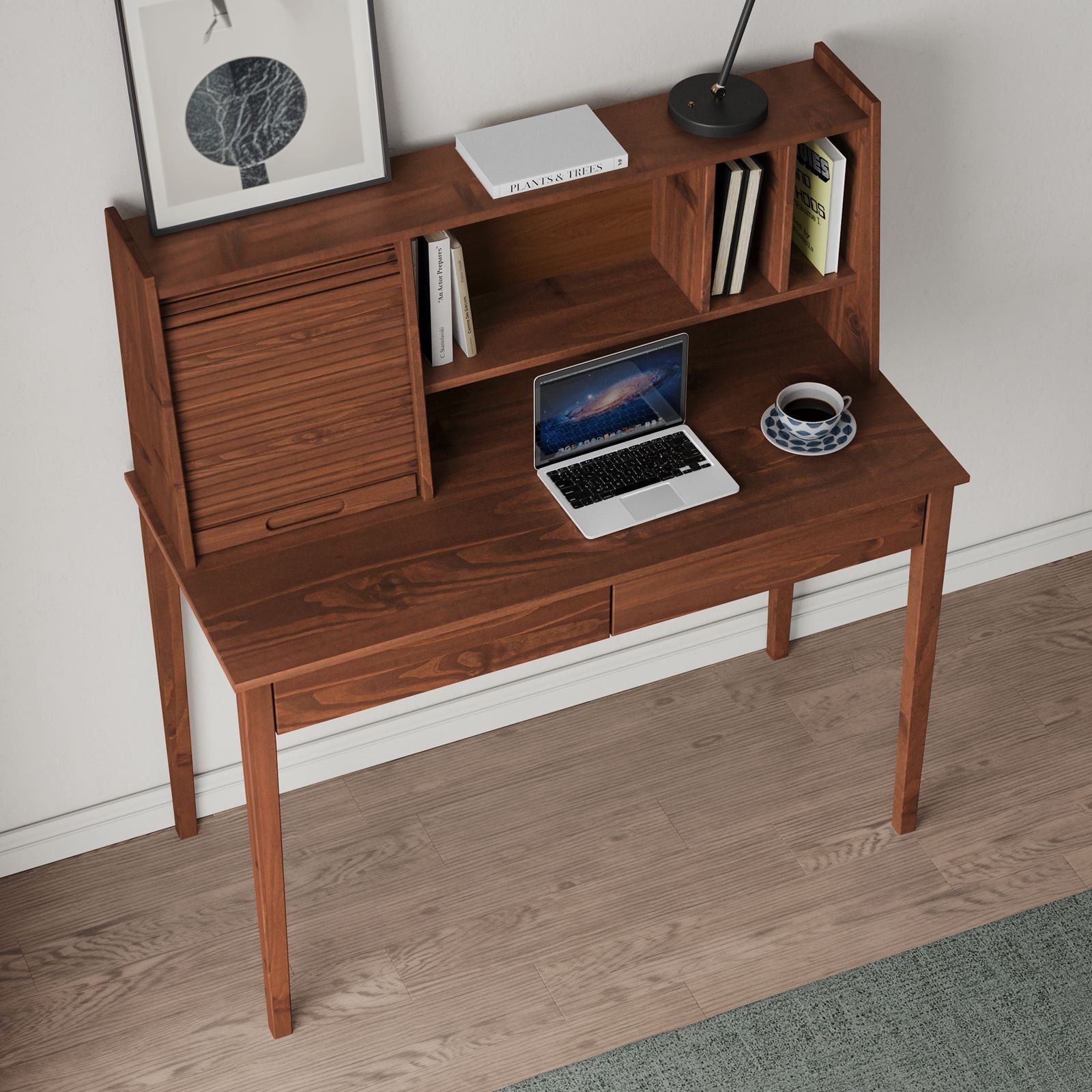 IDIMEX Schreibtisch ALISA, Massivholz Schreibtisch mit 2 Schubladen und Rollladen Kastanie Finish