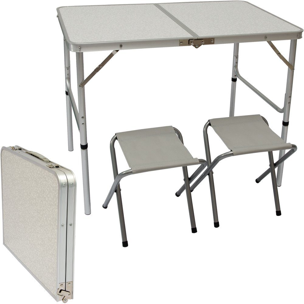 Campingtisch Klappbar 90 x 60 x 70 cm - Verstellbarer Gartentisch mit 2 Hockern