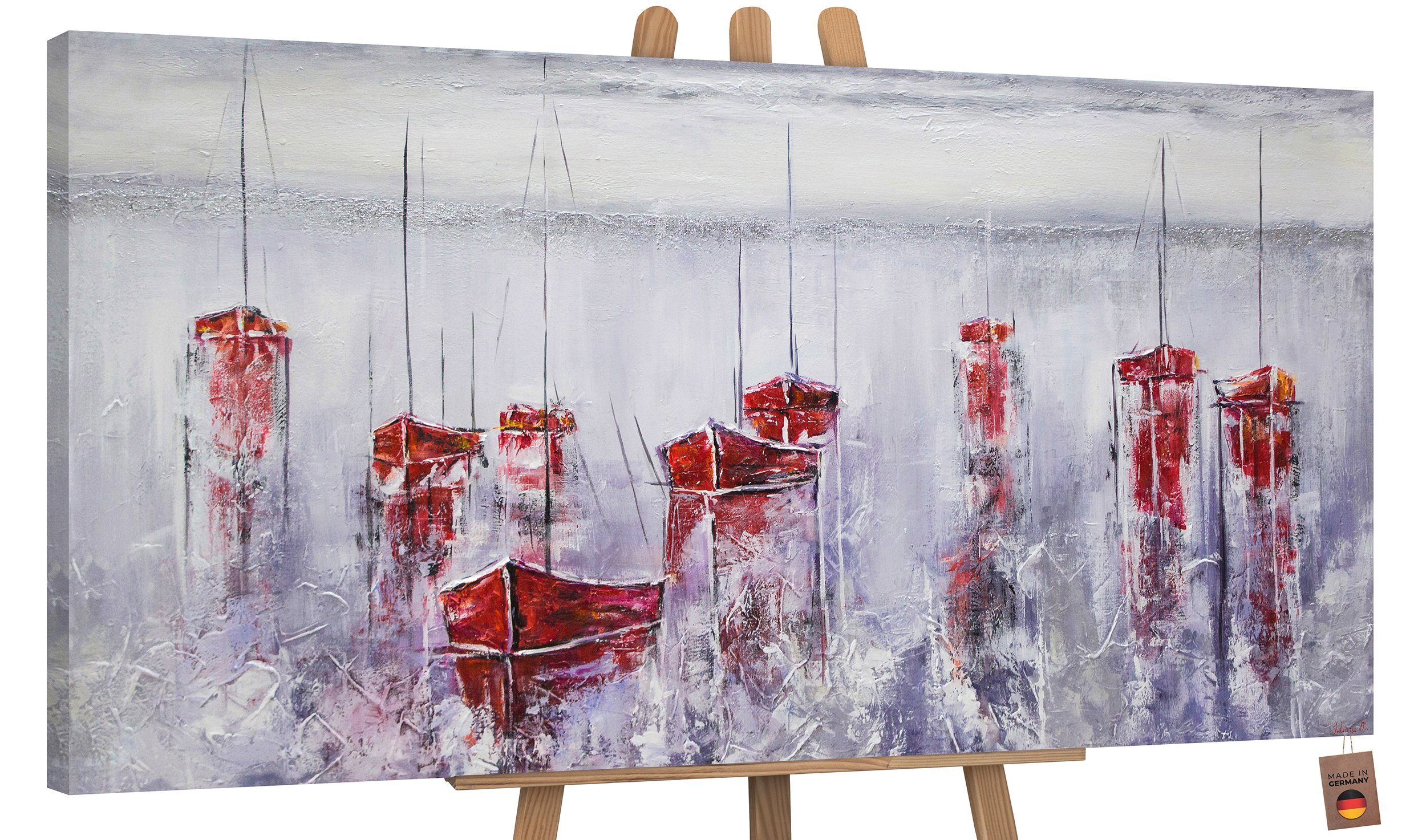 YS-Art Gemälde Stiller Hafen, Landschaft, Leinwand Bild Handgemalt Segelboote Meer Rot Blau Hafen