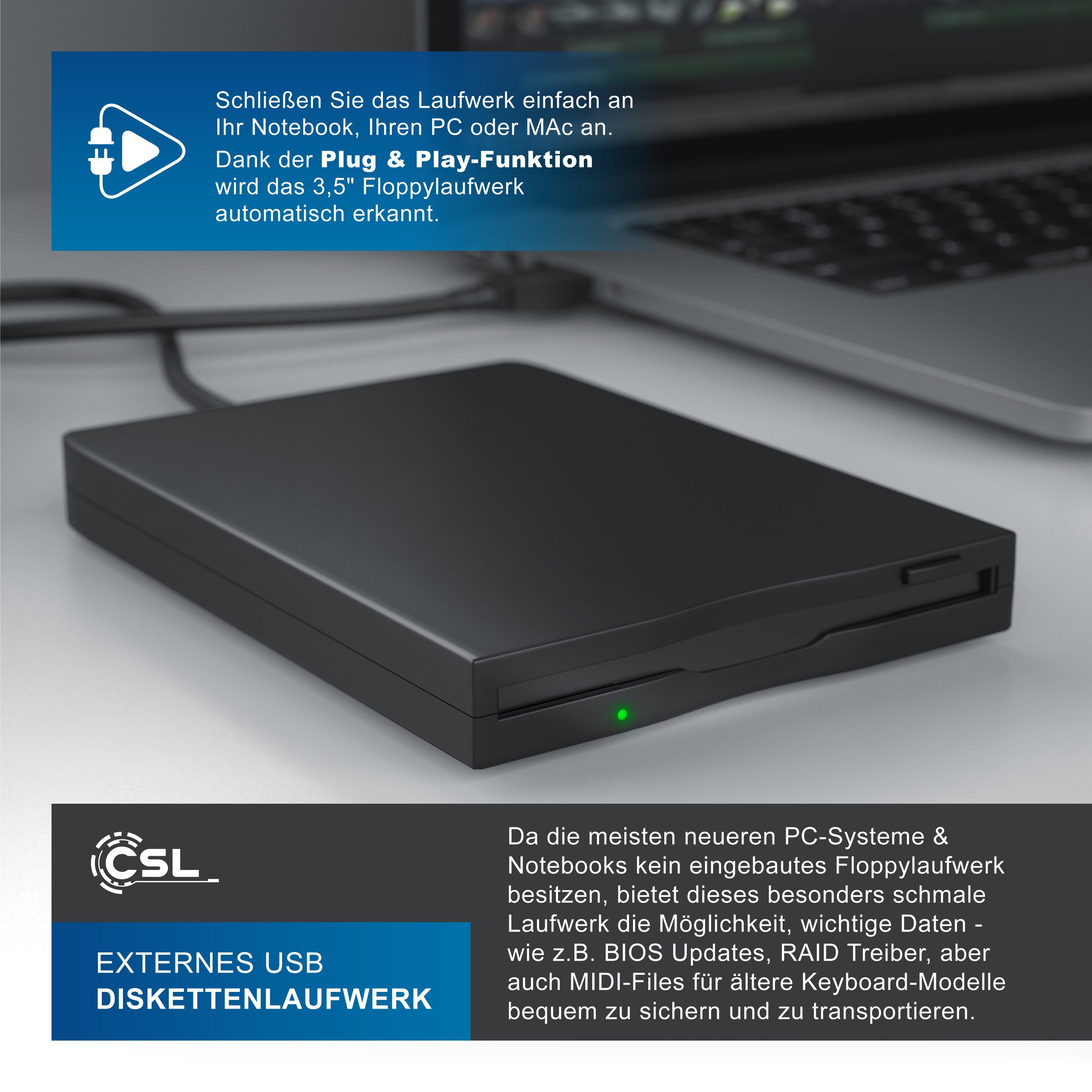 CSL Externes USB Diskettenlaufwerk FDD 1,44MB (3,5) geeignet für PC & MAC Diskettenlaufwerk (USB 2.0, USB 2.0 Schnittstelle (abwärts- aufwärtskompatibel), Windows 11 fähig)
