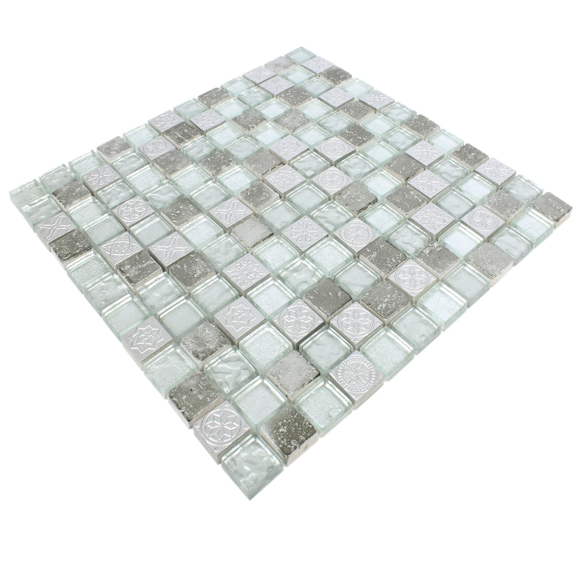Mosafil Mosaikfliesen Mosaikfliesen Georgia Glas Naturstein Mix, Naturstein-Glas 30.000x30.000, grau-silber, Verlegefertig auf ein Netz geklebt