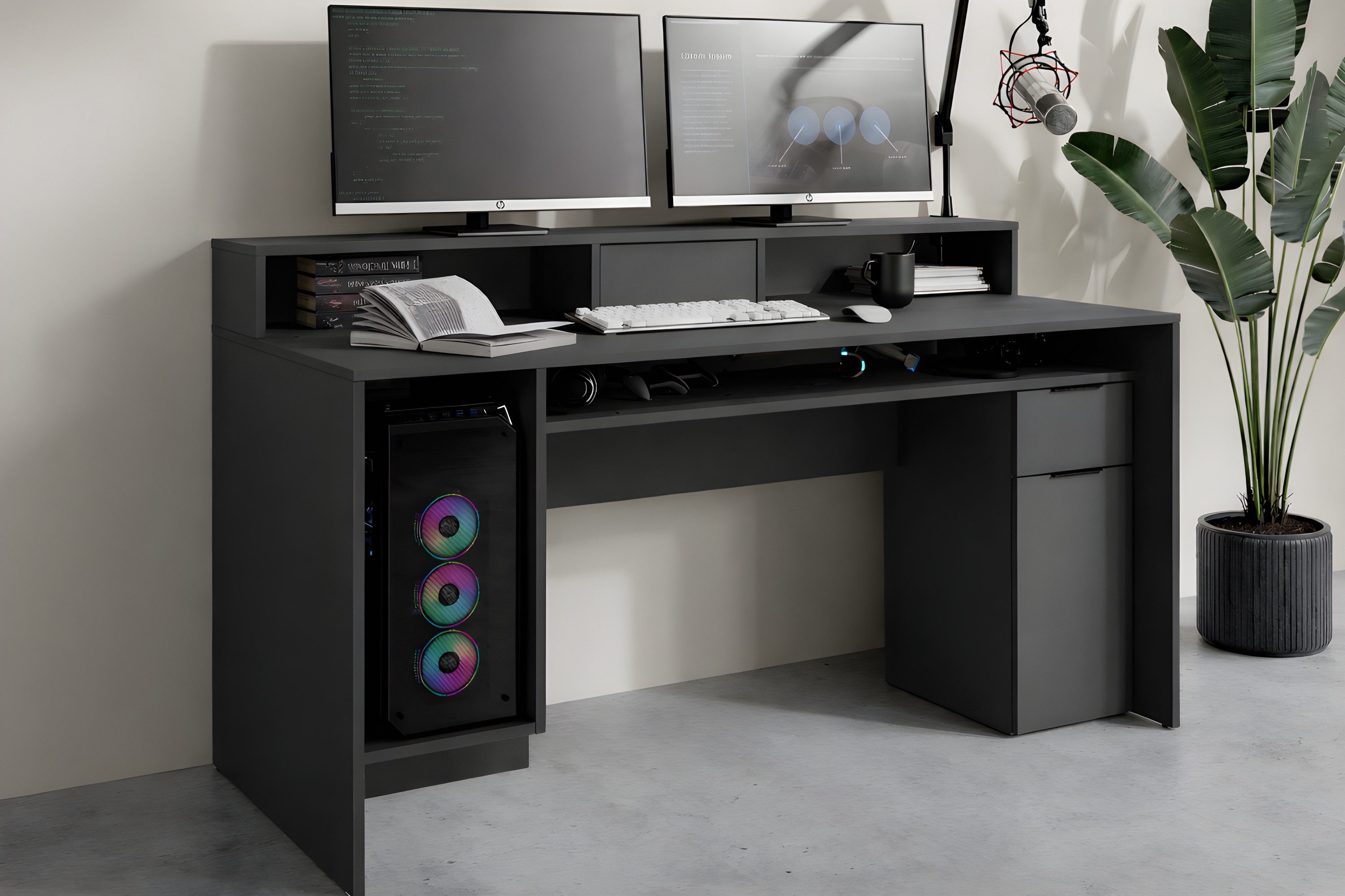 Raumhirsch Furniture Schreibtisch Arbeitstisch, Computertisch, funktional Bürotisch (Maße: 160 x 70 x 91,5 cm (Schublade, Schrankfach, Klappe), offene Fächer, viel Stauraum, modernes Design