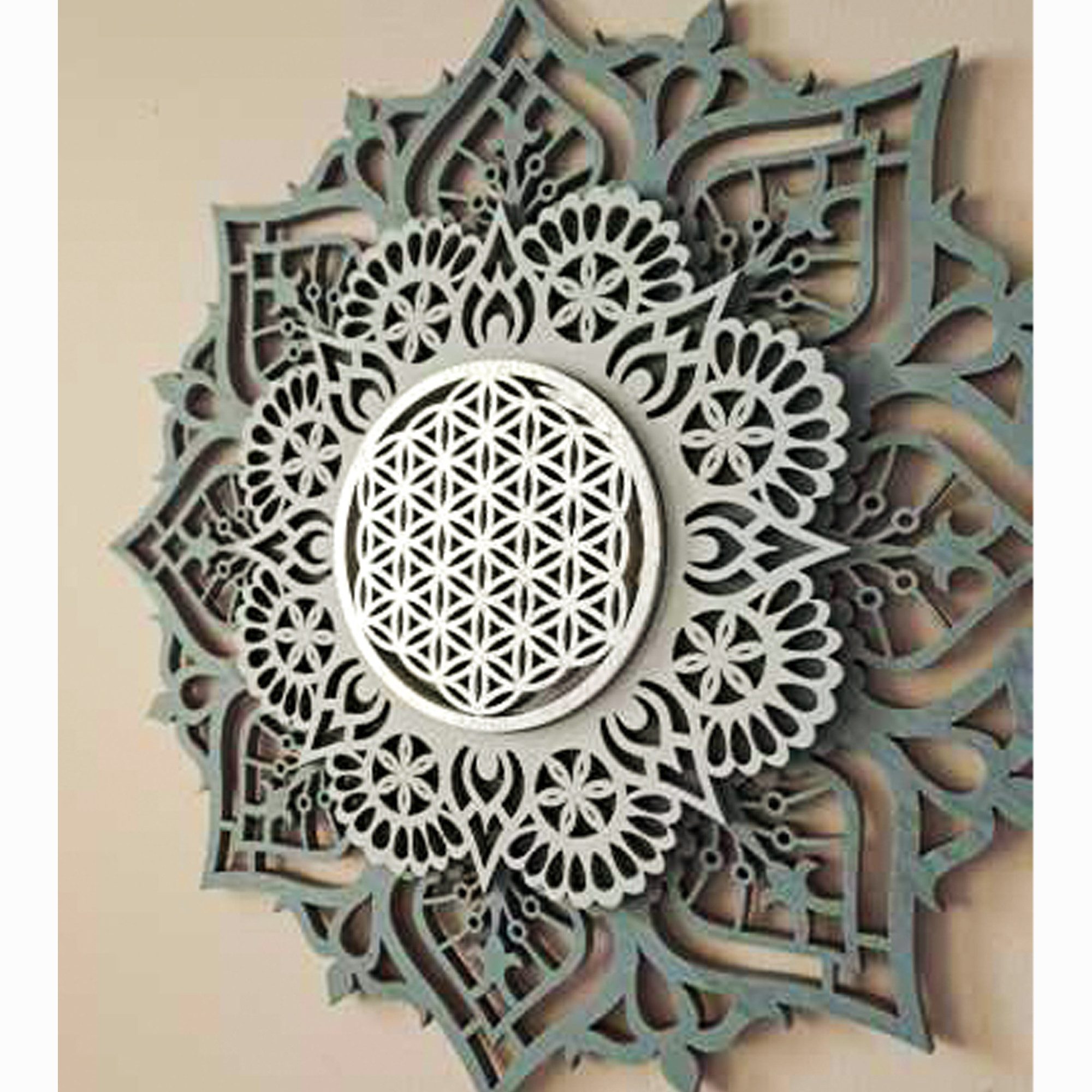 ORNAMENTI Wanddekoobjekt 3D MANDALA, Grosse moderne boho Wanddeko, Holz, 3 Schichten, Spiegel (moderne Deko Anhanger, Yoga Wandsculptur, Holzbild, stilvolle Wanddekoration, Wandpaneel, Ornament, geschnitz Wandrelief), Verzierung fur Zuhause, Wohnzimmer, Schlafzimmer, Wandkunst, 5 Größen