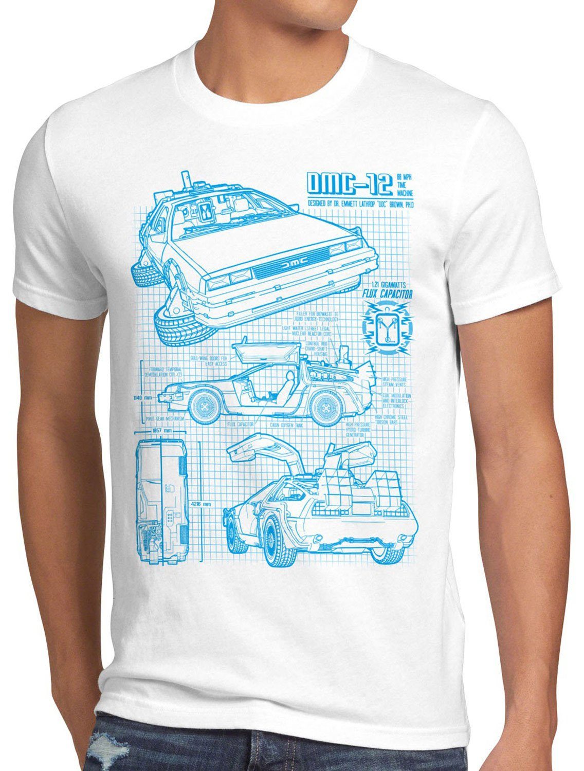 back T-Shirt die zurück DMC-12 zukunft style3 future Herren Delorean the bluray in weiß to Print-Shirt