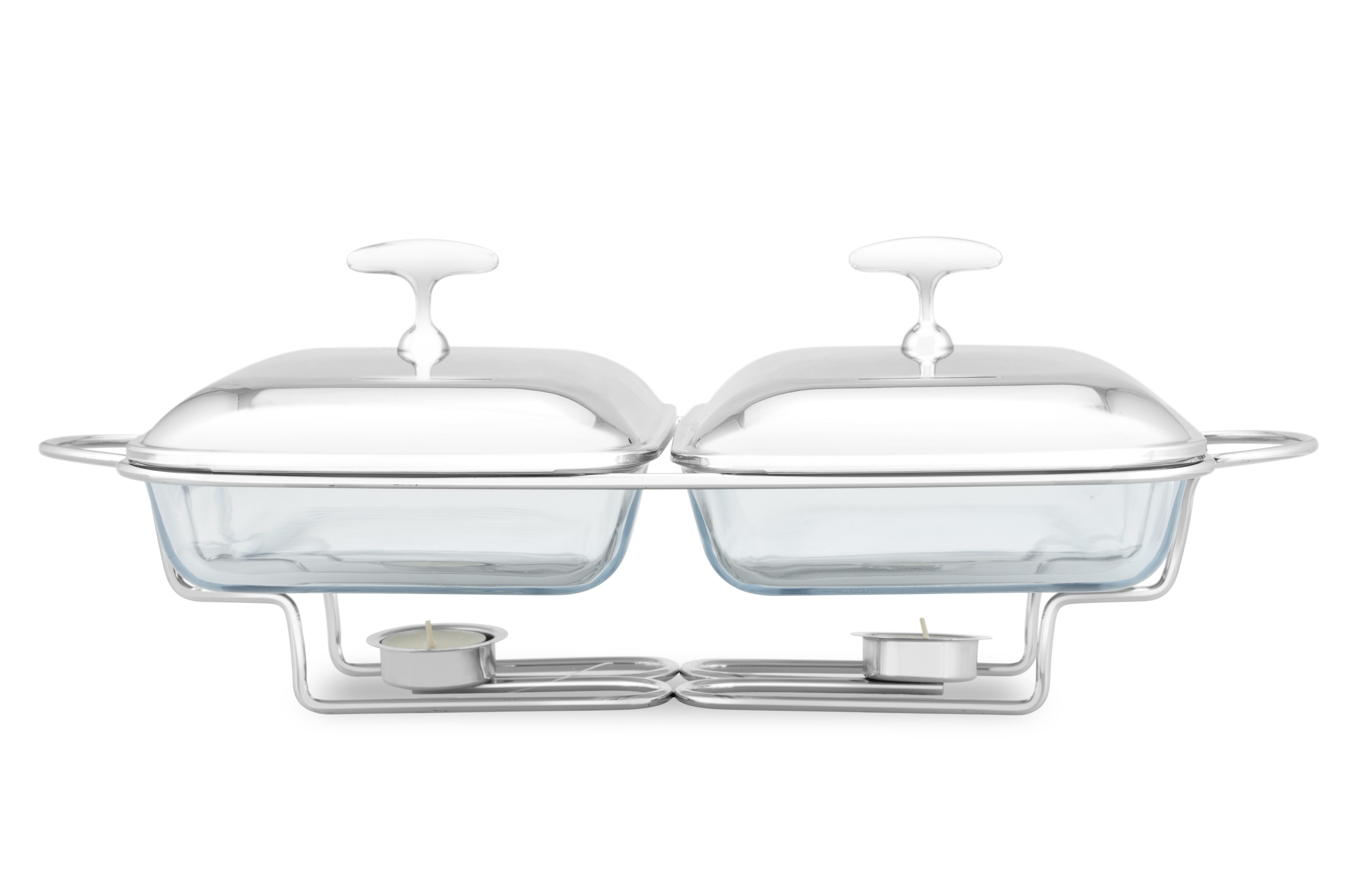 Edenberg Stövchen Speisenwärmer Gehärtetes Glas Edelstahl Warmhaltebehälter Catering, (2x 1.8L, 3-tlg., Eine ideale Geschenkidee! Sehr hochwertig)